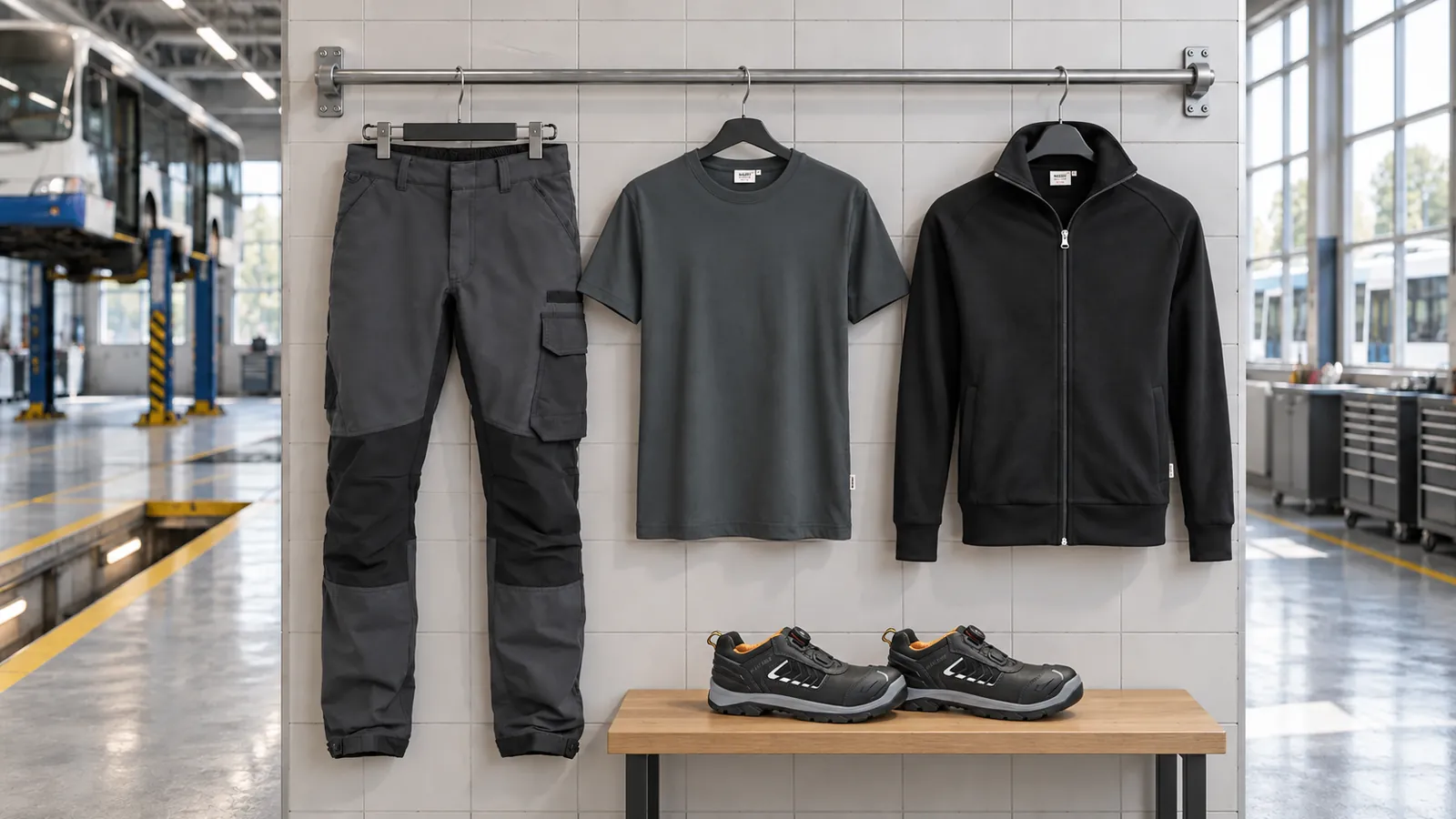 Herrenausstattung: Service Arbeitshose 4-Wege-Stretch 1422, T-Shirt MIKRALINAR®, Sweatjacke Premium, ELITE Sicherheitsschuh S3 2451.