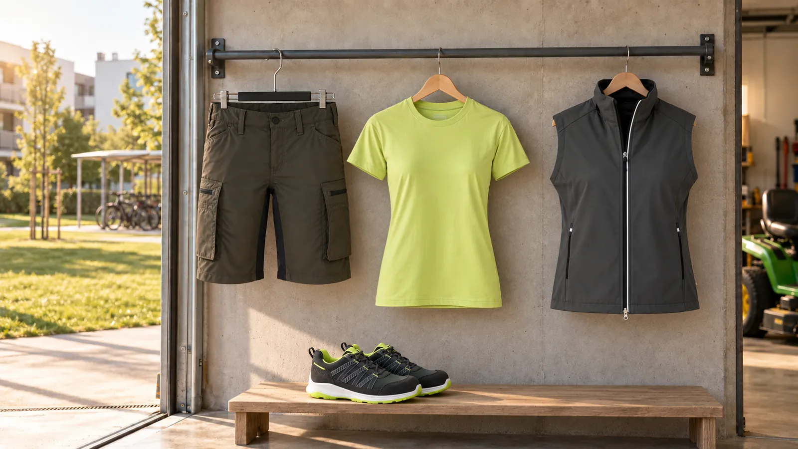 Damenausstattung: Damen Service Shorts Stretch 7149, Damen T-Shirt 3334, Damen Light-Softshellweste, SPRINTER Sicherheitsschuh S1PS 2402.