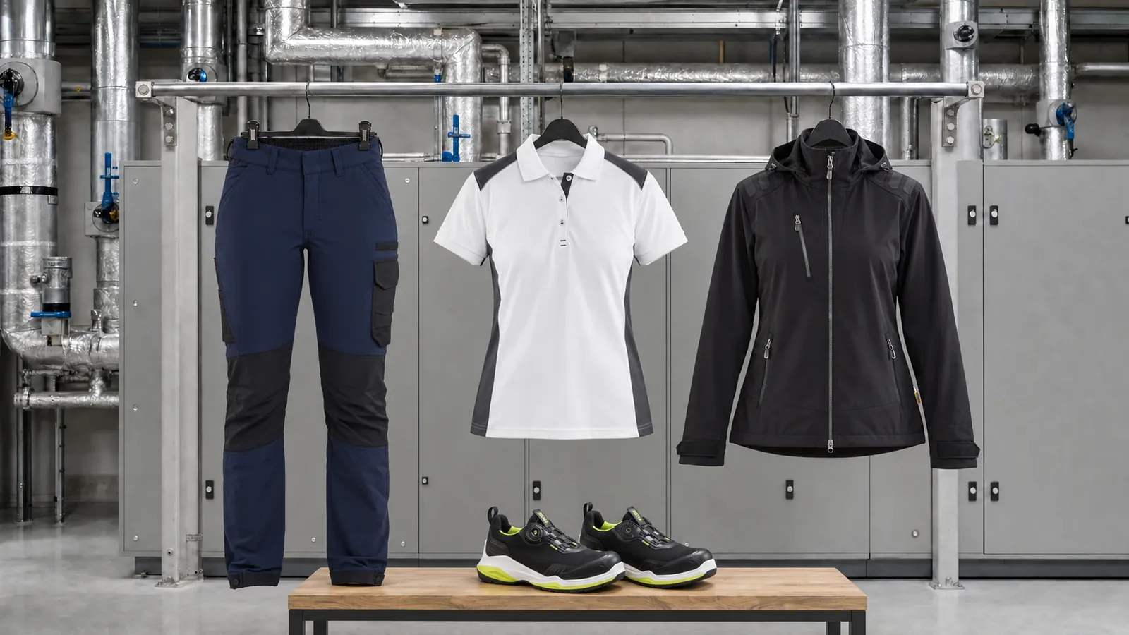 Damenausstattung: Damen Service Arbeitshose 4-Wege-Stretch 7122, Damen Poloshirt 3390, Damen Softshell Jacke 4719, STRIKER Sicherheitsschuh S3S 2486.