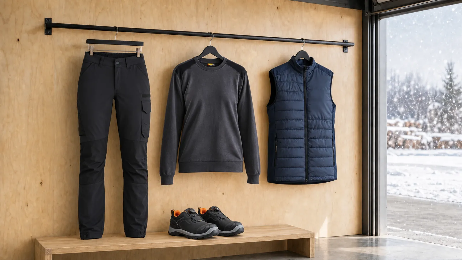 Damenausstattung: Damen Service Arbeitshose 4-Wege-Stretch 7122, Damen Sweatshirt 3408, Damen Weste warm gefüttert 3864, ELITE Sicherheitsschuh S7S Wasserdicht 2454.