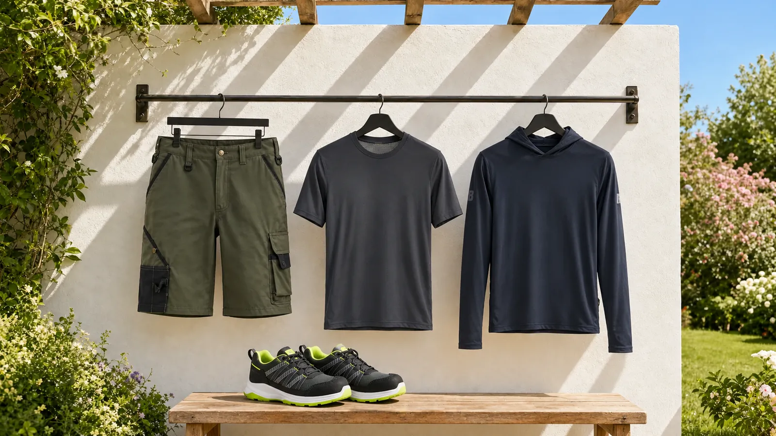 Herrenausstattung: Garten Shorts 1464, UV Funktions T-Shirt 3415, UV Funktions Langarmshirt mit Kapuze 3417, SPRINTER Sicherheitsschuh S1PS 2402.