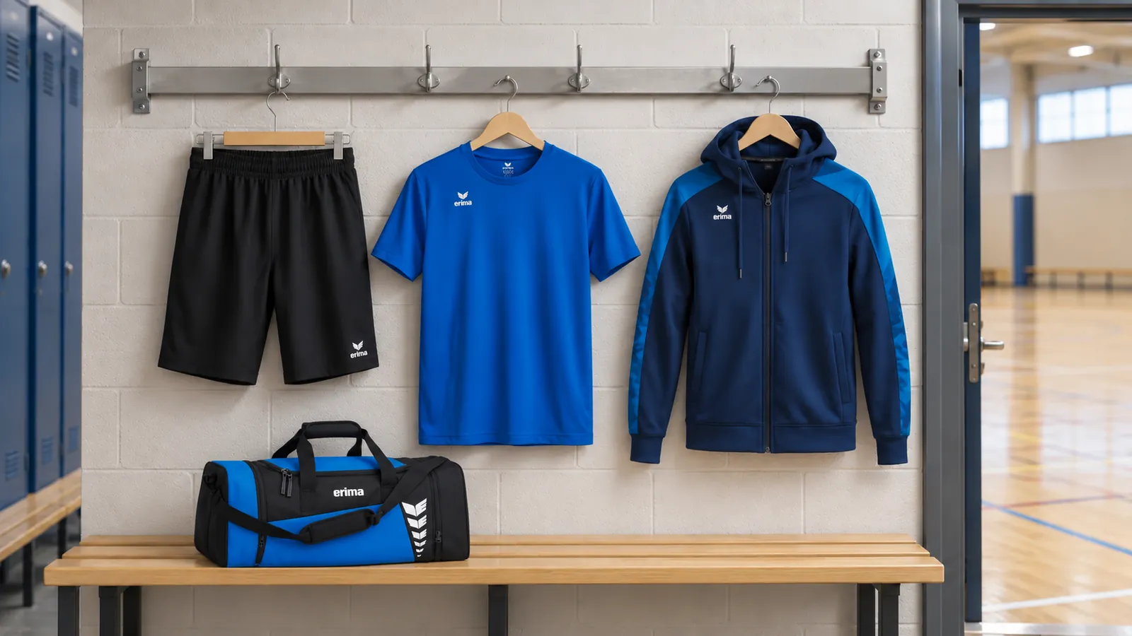 Herrenausstattung: CHANGE by erima Shorts, Funktions Teamsport T-Shirt, EVO STAR Trainingsjacke mit Kapuze, SIX WINGS Sporttasche.