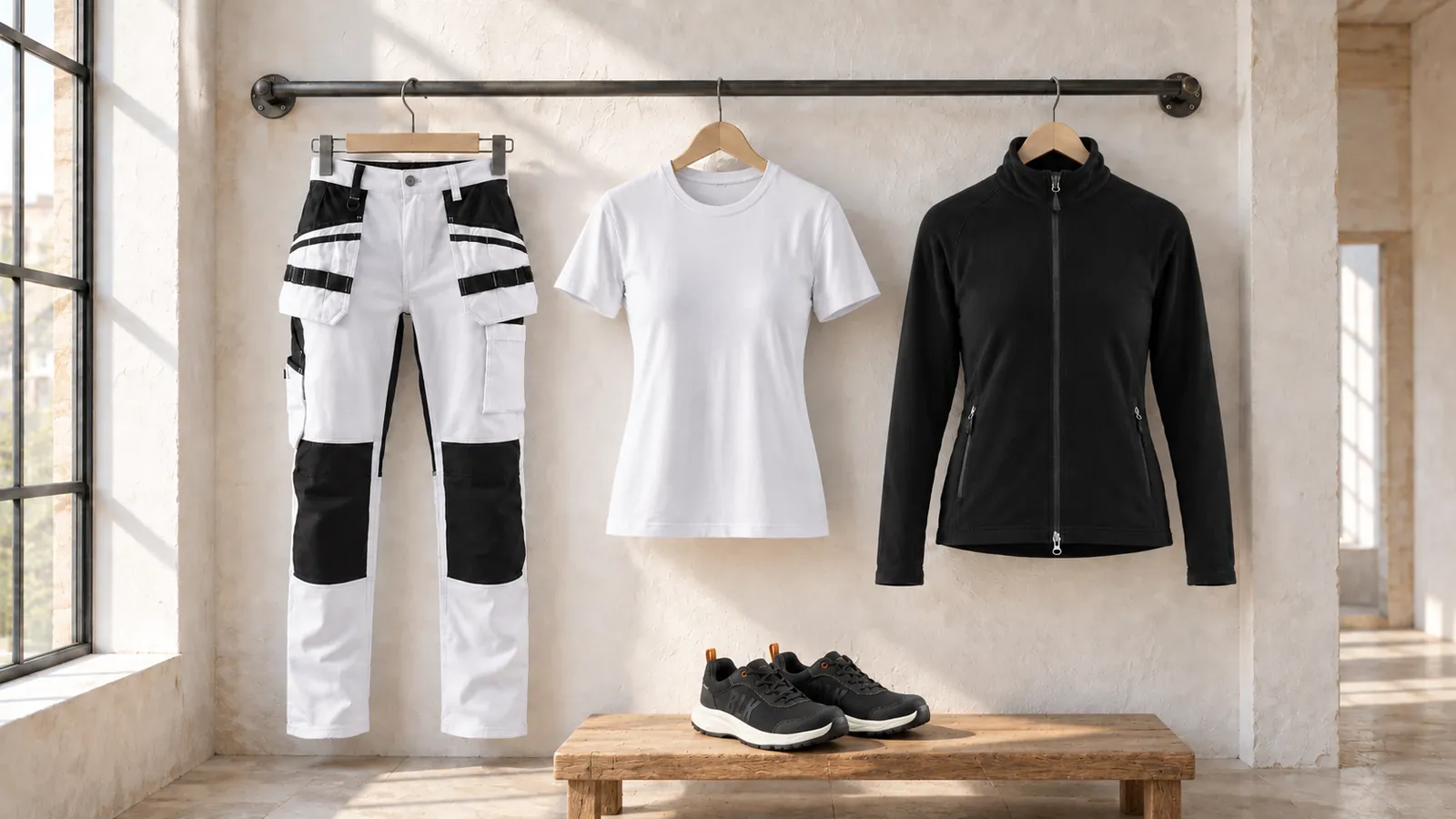 Damenausstattung: Damen Malerhose mit Stretch 7910, Damen T-Shirt 3334, Damen Microfleece Jacke 4722, MOVER Sicherheitsschuh S1PL 2302.