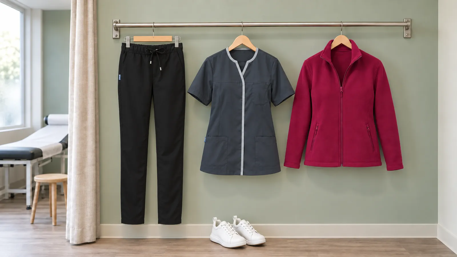 Damenausstattung: Damen-Schlupfhose 08/7550, Damen-Kasack 08/1337, Damen-Fleecejacke 08/2662, BREEZE Damen Arbeitsschuh O1 2281.