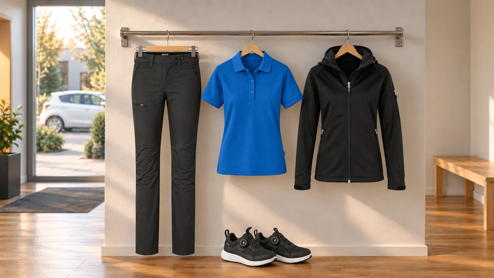 Damenausstattung: Damen Performancehose ECO, Damen Poloshirt MIKRALINAR®, Damen Softshelljacke, BREEZE Damen Arbeitsschuh O6 wasserdicht 2284.