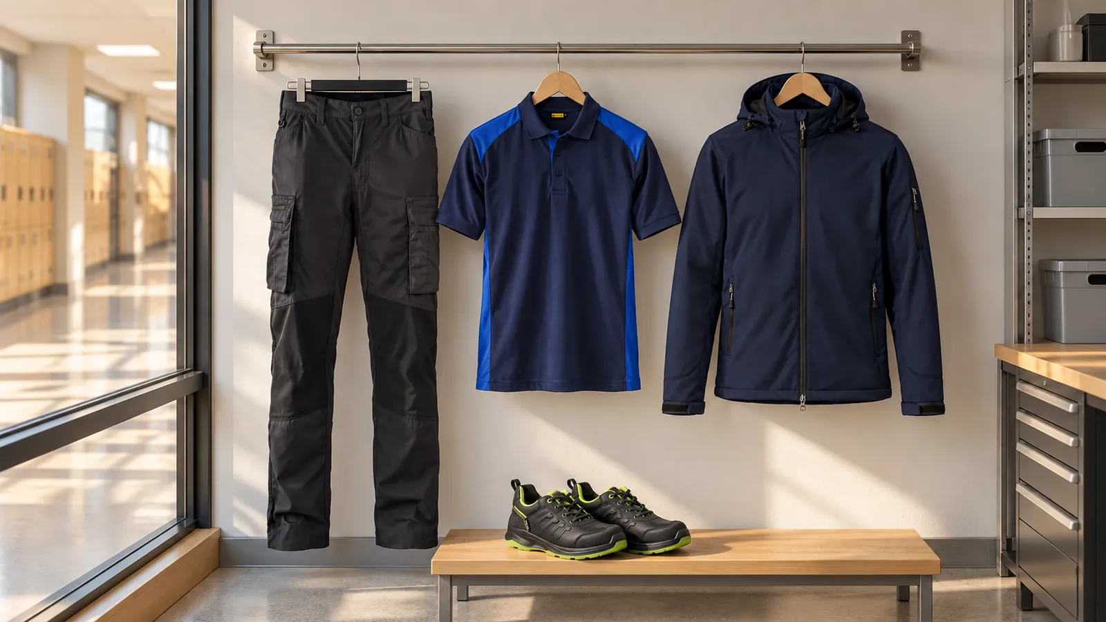 Herrenausstattung: Service Arbeitshose Stretch 1459, Poloshirt 3324, Softshelljacke, SPRINTER Sicherheitsschuh S3S 2412.