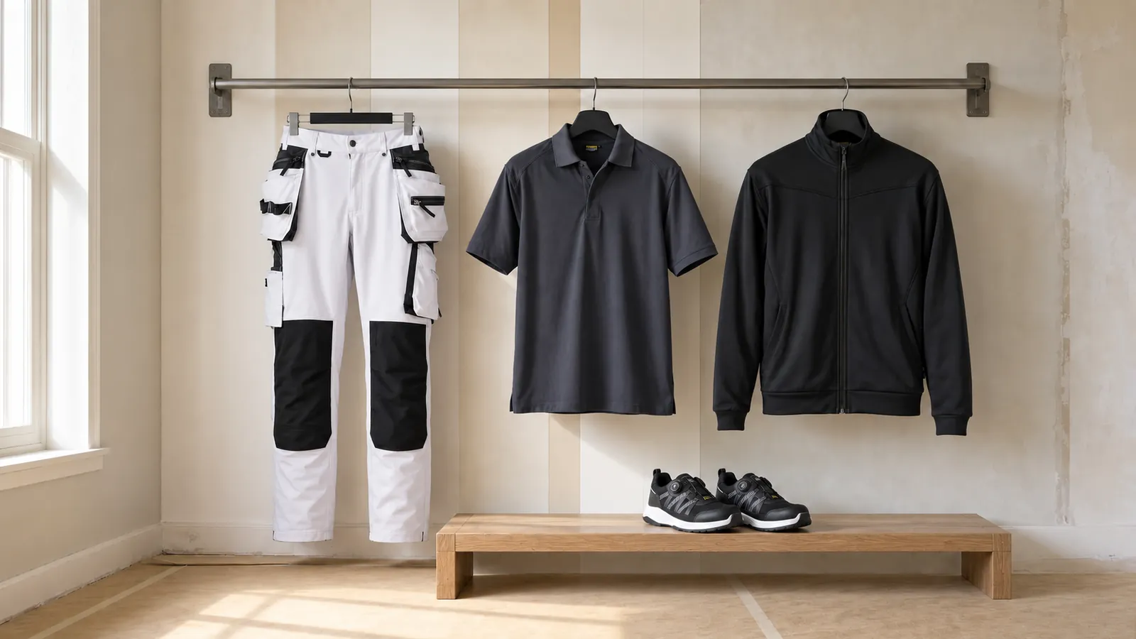 Herrenausstattung: Malerhose 4-Wege-Stretch 1079, Poloshirt 3324, Sweatjacke 3362, SPRINTER Sicherheitsschuh S1PS 2414.