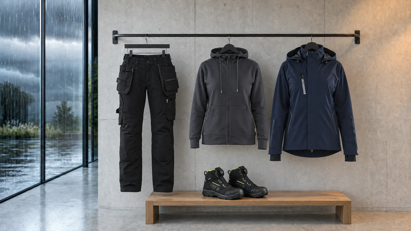 Damenausstattung: Damen Handwerker Arbeitshose mit Stretch 7132, Damen Kapuzenjacke 3395, Damen Shell Jacke Stretch 4403, STORM Sicherheitsstiefel S7S Wasserdicht 2478.