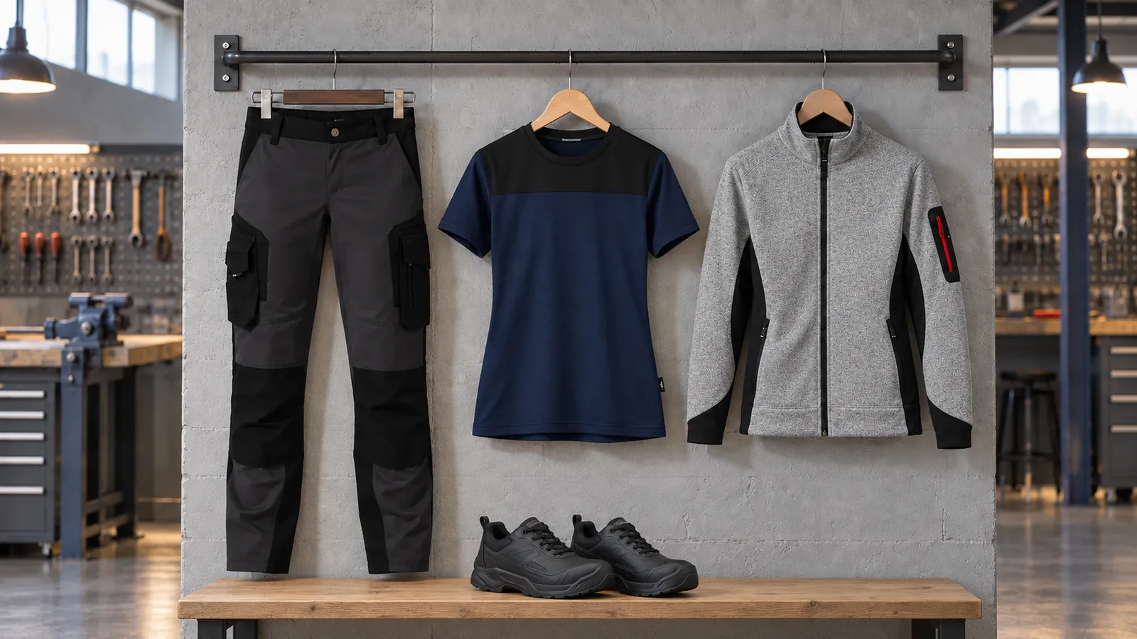 Damenausstattung: Annette — Arbeitshose Damen, Kira — T-Shirt, Marieke — Fleecejacke, TITAN Sicherheitsschuh S3L 2372.