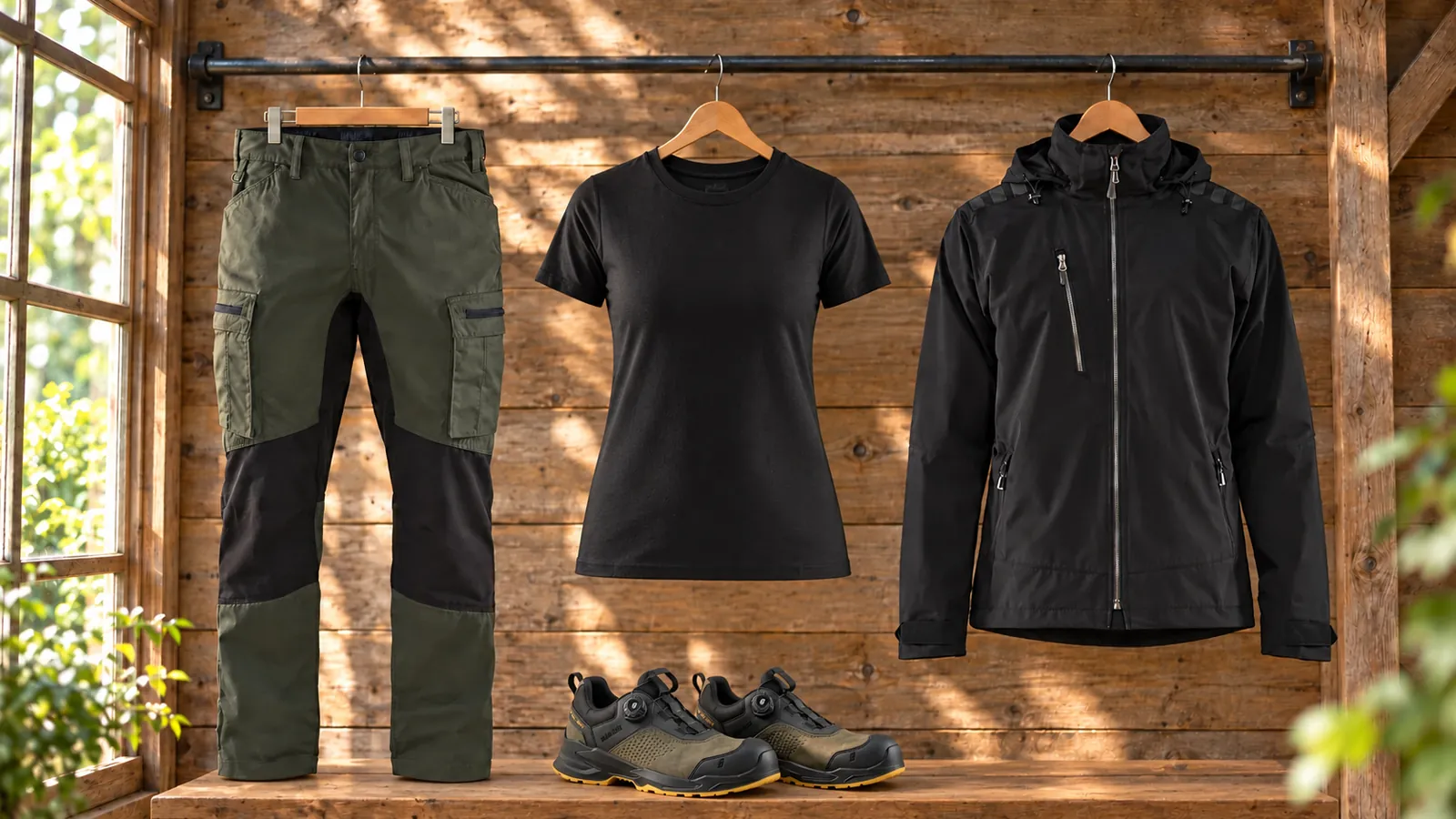 Damenausstattung: Damen Service Arbeitshose mit Stretch 7159, Damen T-Shirt 3334, Damen Softshell Jacke 4719, EPIC Sicherheitsschuh S3S 2295.
