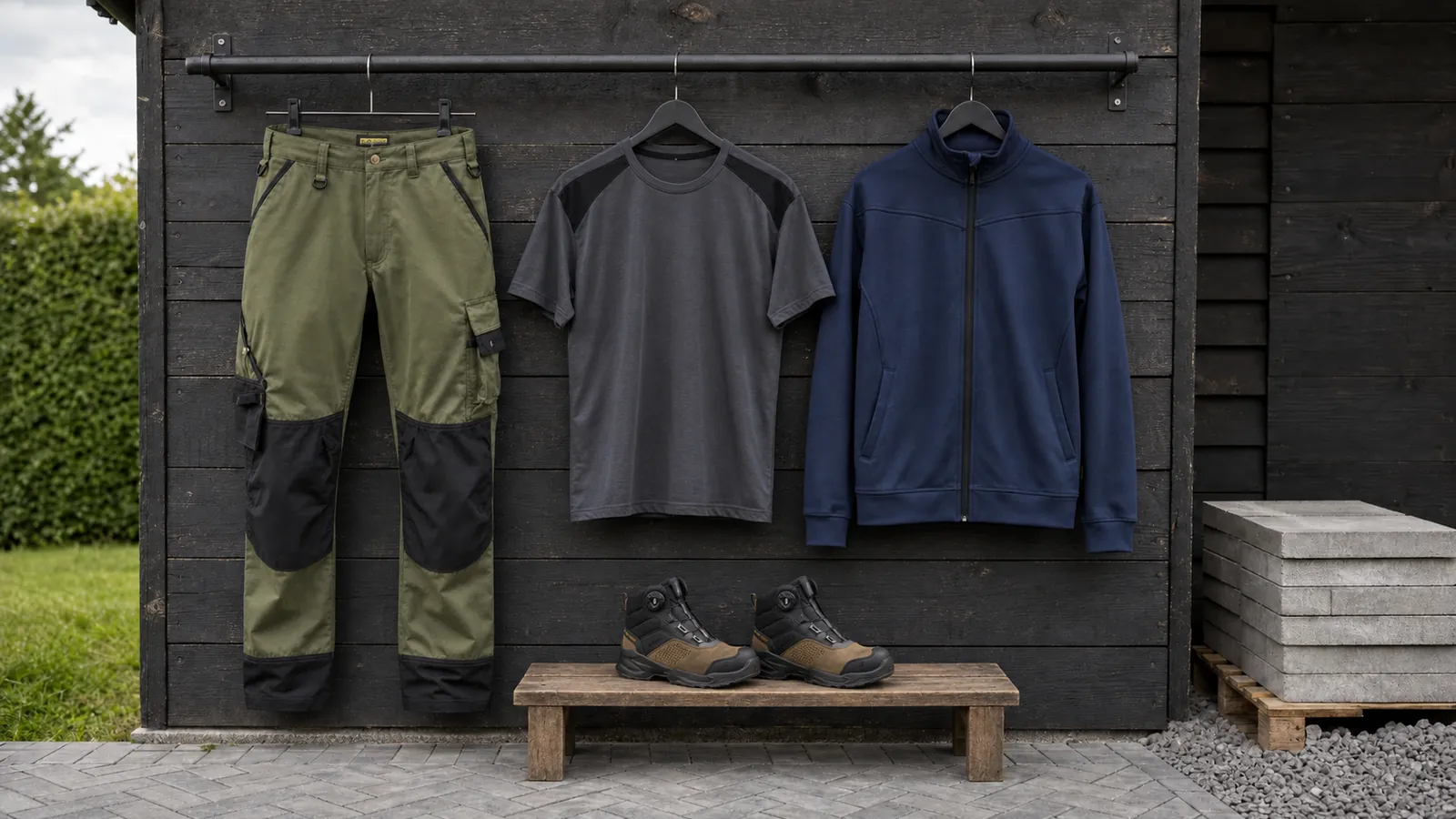 Herrenausstattung: Garten Arbeitshose 1454, T-Shirt 3379, Sweatjacke 3362, EPIC Sicherheitsstiefel S3S 2296.