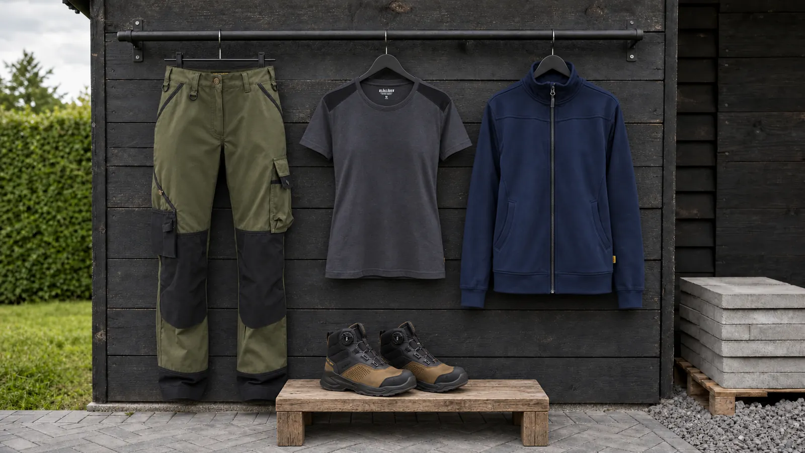 Damenausstattung: Damen Garten Arbeitshose 7154, Damen T-Shirt 3479, Damen Sweatjacke 3394, EPIC Sicherheitsstiefel S3S 2296.