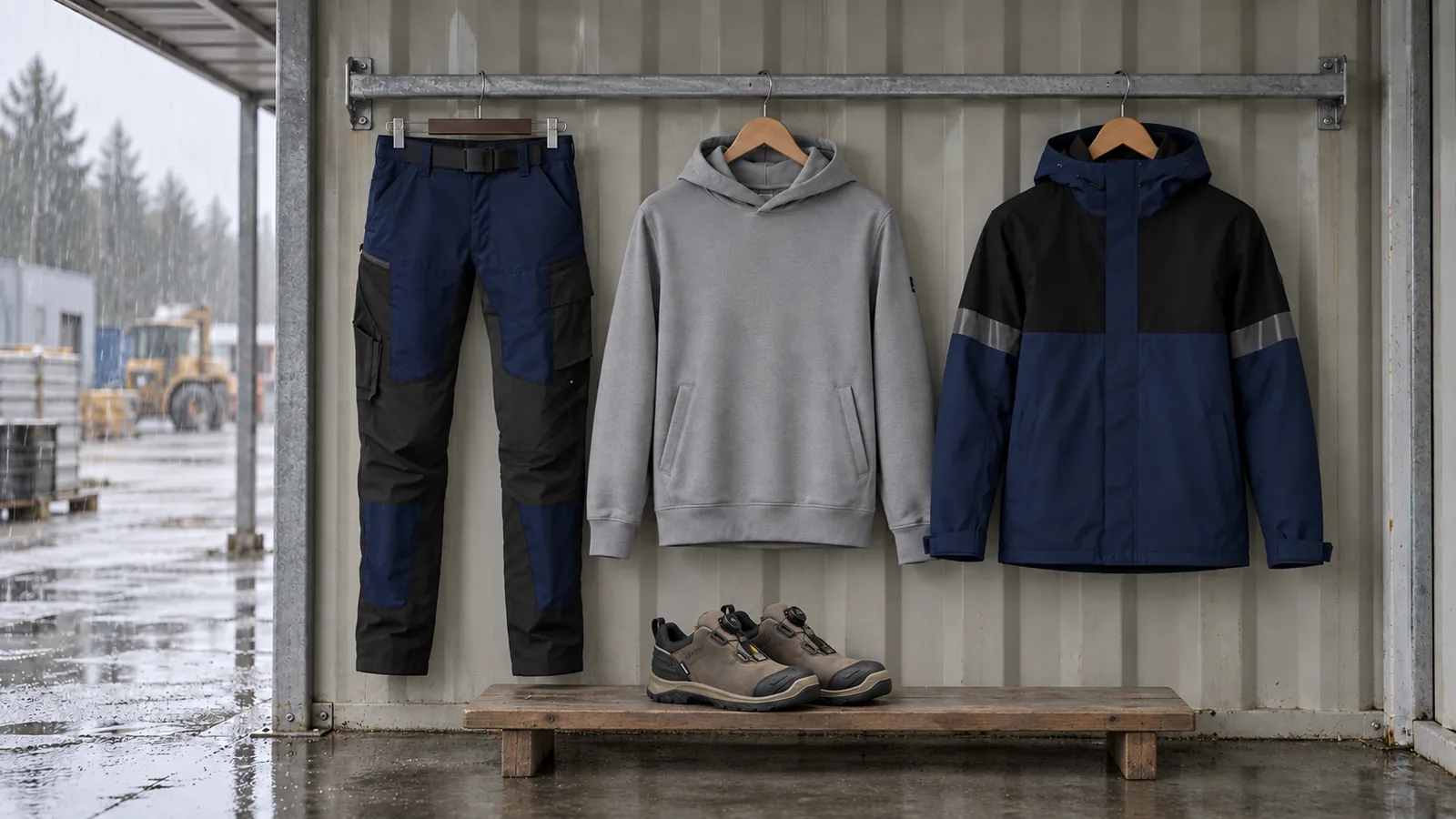 Herrenausstattung: Mio — Arbeitshose, Bennet — Hoodie, Luca — Jacke, ELITE Sicherheitsschuh S7S Wasserdicht 2454.