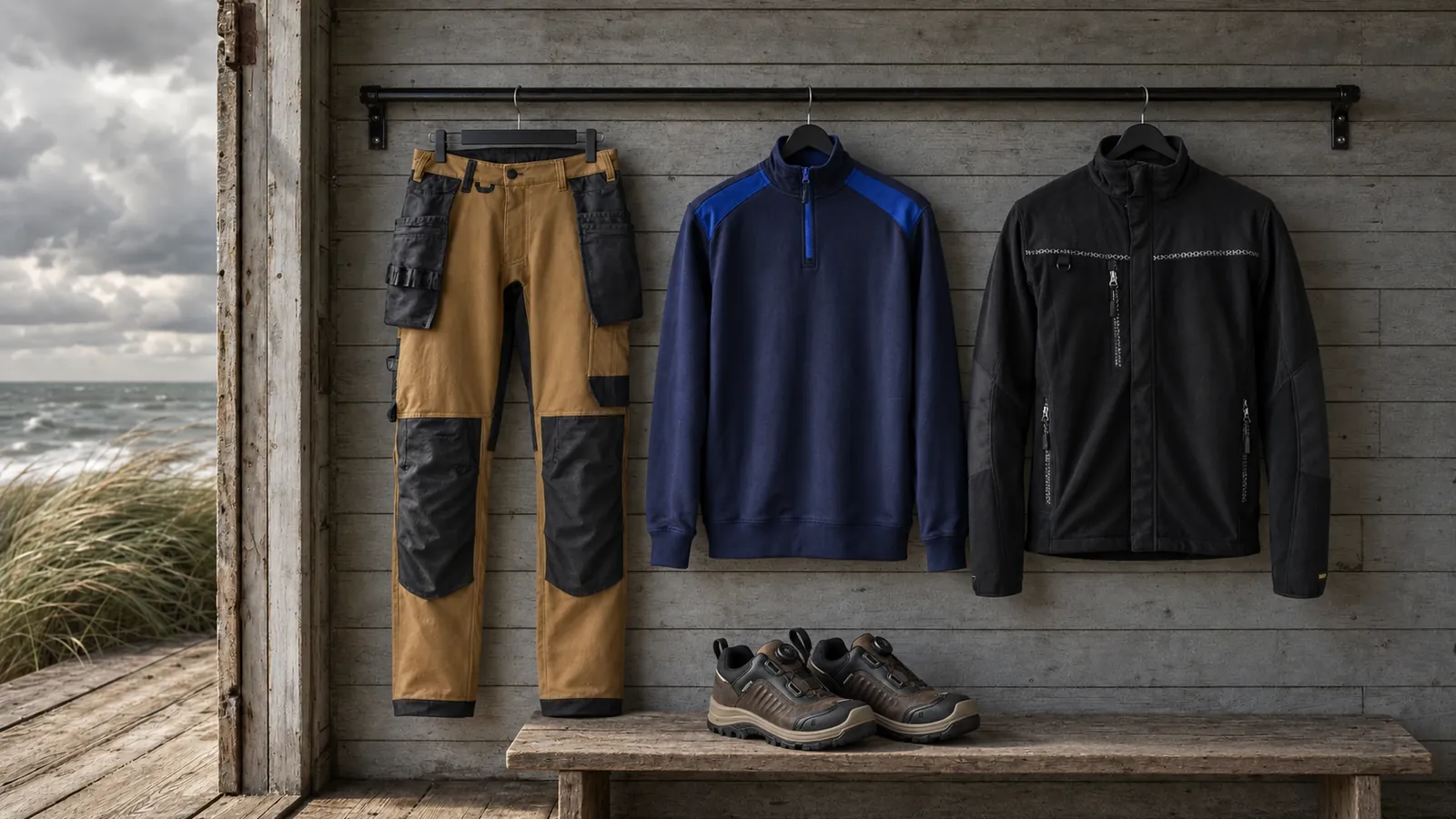 Herrenausstattung: Handwerker Arbeitshose 4-Wege-Stretch 1720, Sweatshirt Half-Zip 2-farbig 3353, Fleecejacke winddicht 4955, STORM Sicherheitsschuh S7S Wasserdicht 2491.
