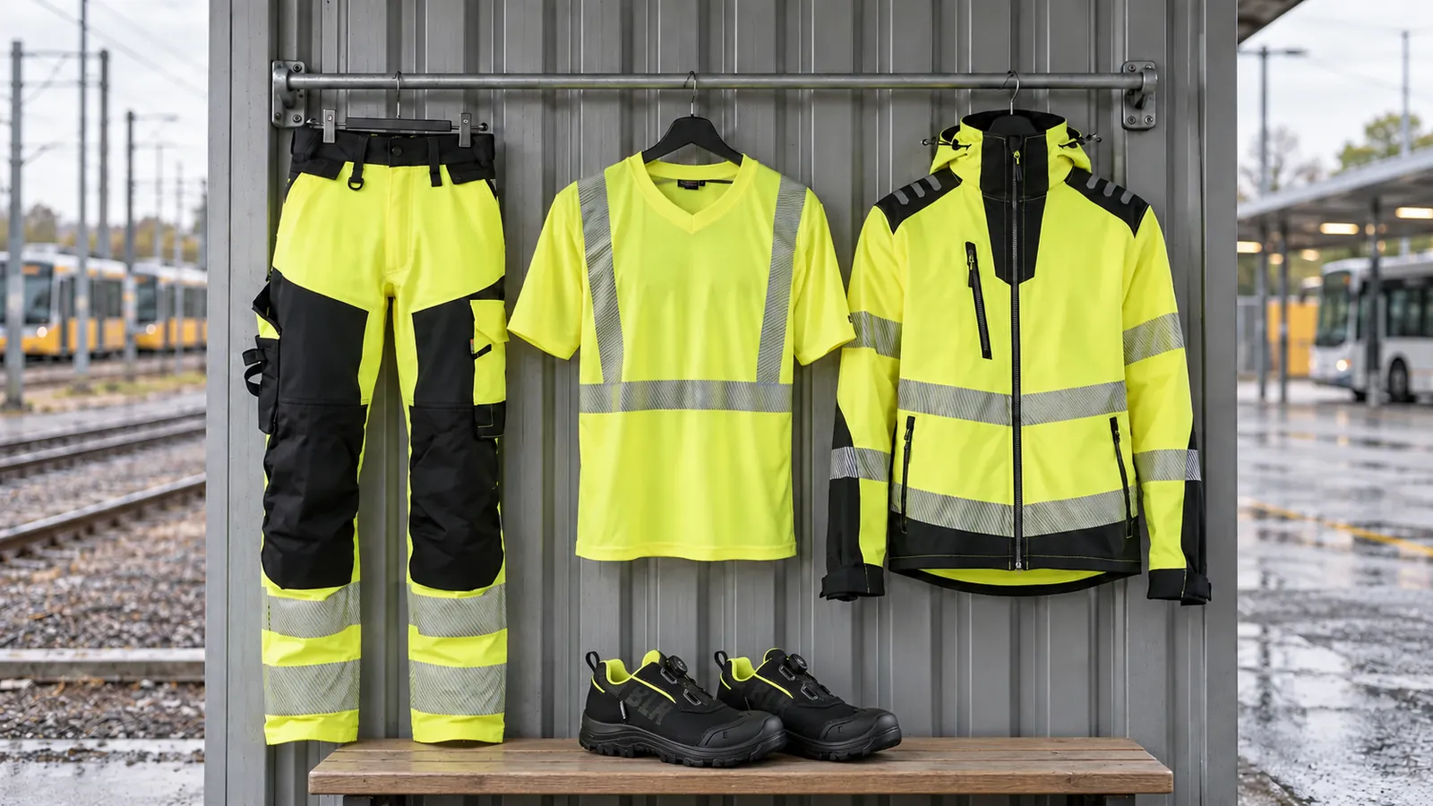 Herrenausstattung: High Vis Arbeitshose 4-Wege-Stretch 1124, High Vis UV T-Shirt 3386, High Vis Softshell Jacke 4491, STORM Sicherheitsschuh S7S Wasserdicht 2477.