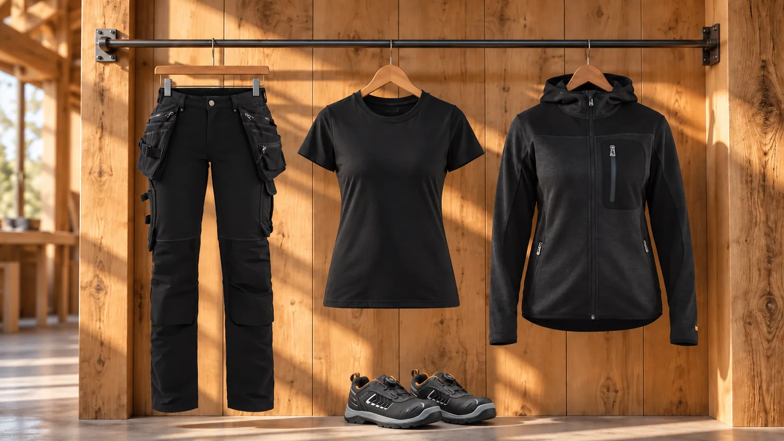 Damenausstattung: Damen Handwerker Arbeitshose 4-Wege-Stretch 7198, Damen T-Shirt 3334, Damen Strickjacke 4931, ELITE Sicherheitsschuh S3 2451.