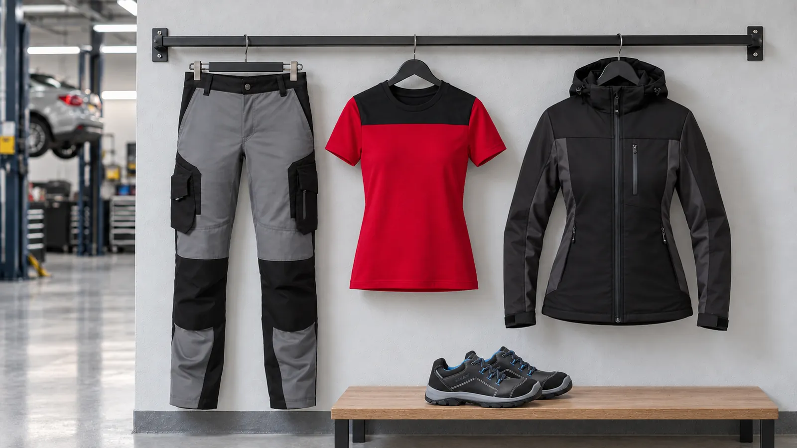 Damenausstattung: Annette — Arbeitshose Damen, Kira — T-Shirt, Julia — Softshelljacke, RETRO Sicherheitsschuh S3 2433.