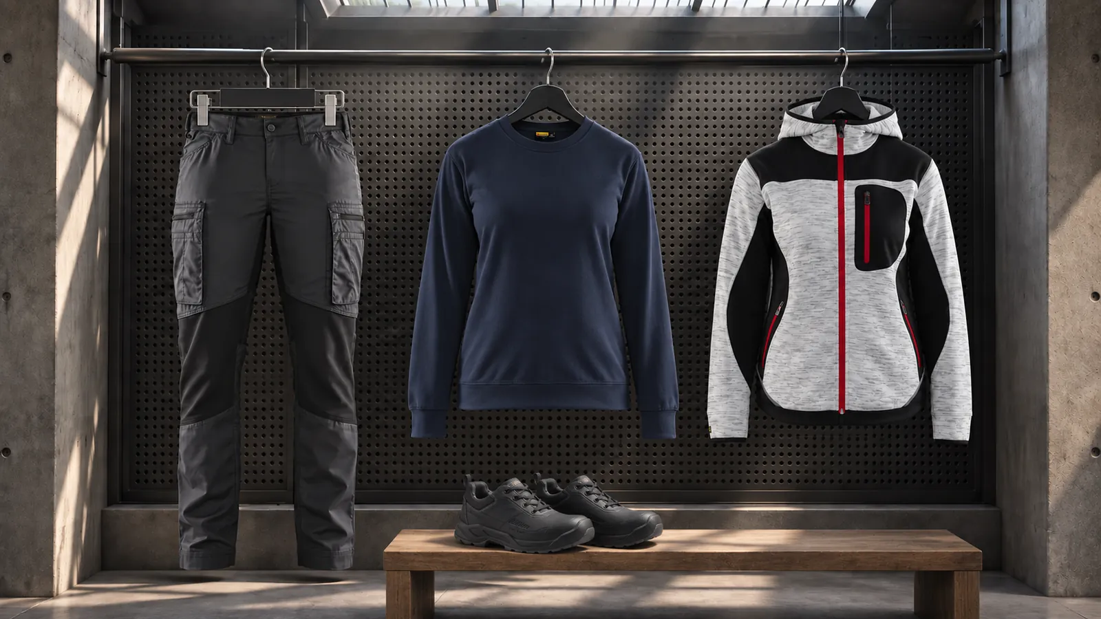 Damenausstattung: Damen Service Arbeitshose mit Stretch 7159, Damen Sweatshirt 3405, Damen Strickjacke 4931, TITAN Sicherheitsschuh S3L 2372.