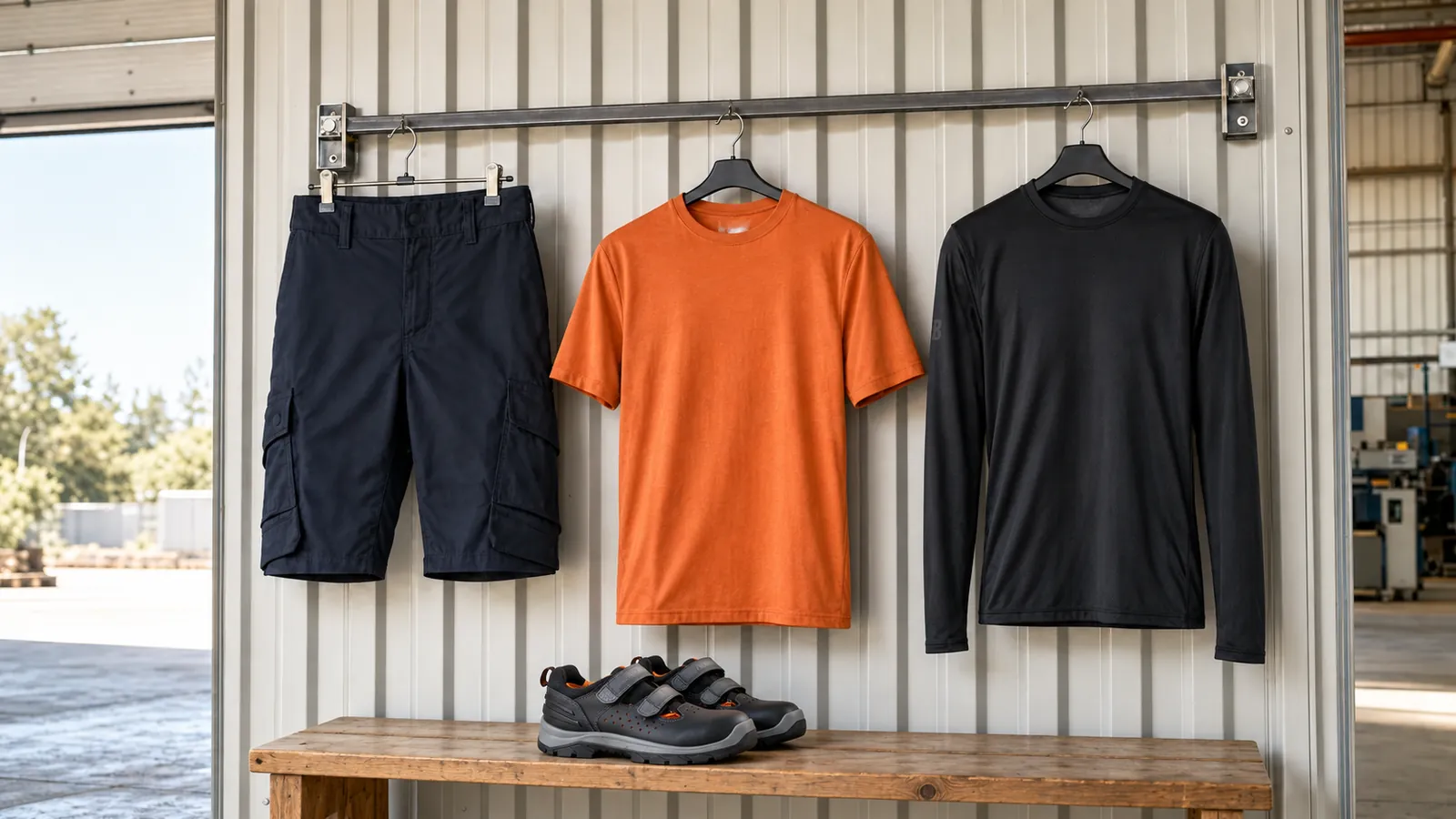 Herrenausstattung: Industrie Shorts Stretch 1446, T-Shirt 3525, UV Funktions Langarmshirt 3423, ELITE Sicherheitssandale S1P 2449.
