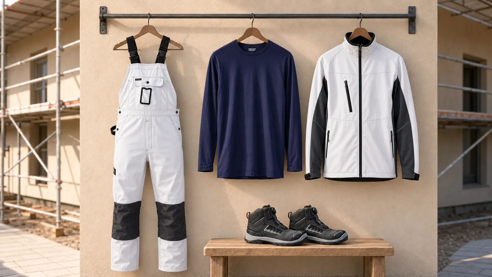 Herrenausstattung: Maler Latzhose 2611, Langarmshirt 3500, Softshell Jacke 4950, ELITE Sicherheitsstiefel S3S 2453.
