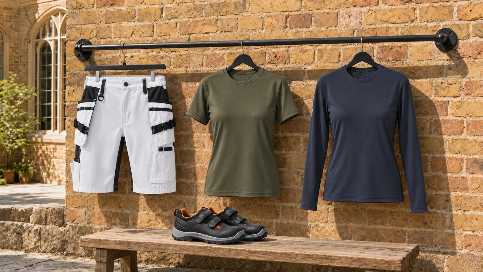 Damenausstattung: Damen Maler Shorts mit Stretch X1900 7171, Damen UV Funktions T-Shirt 3426, Damen UV Funktions Langarmshirt 3427, ELITE Sicherheitssandale S1P 2449.