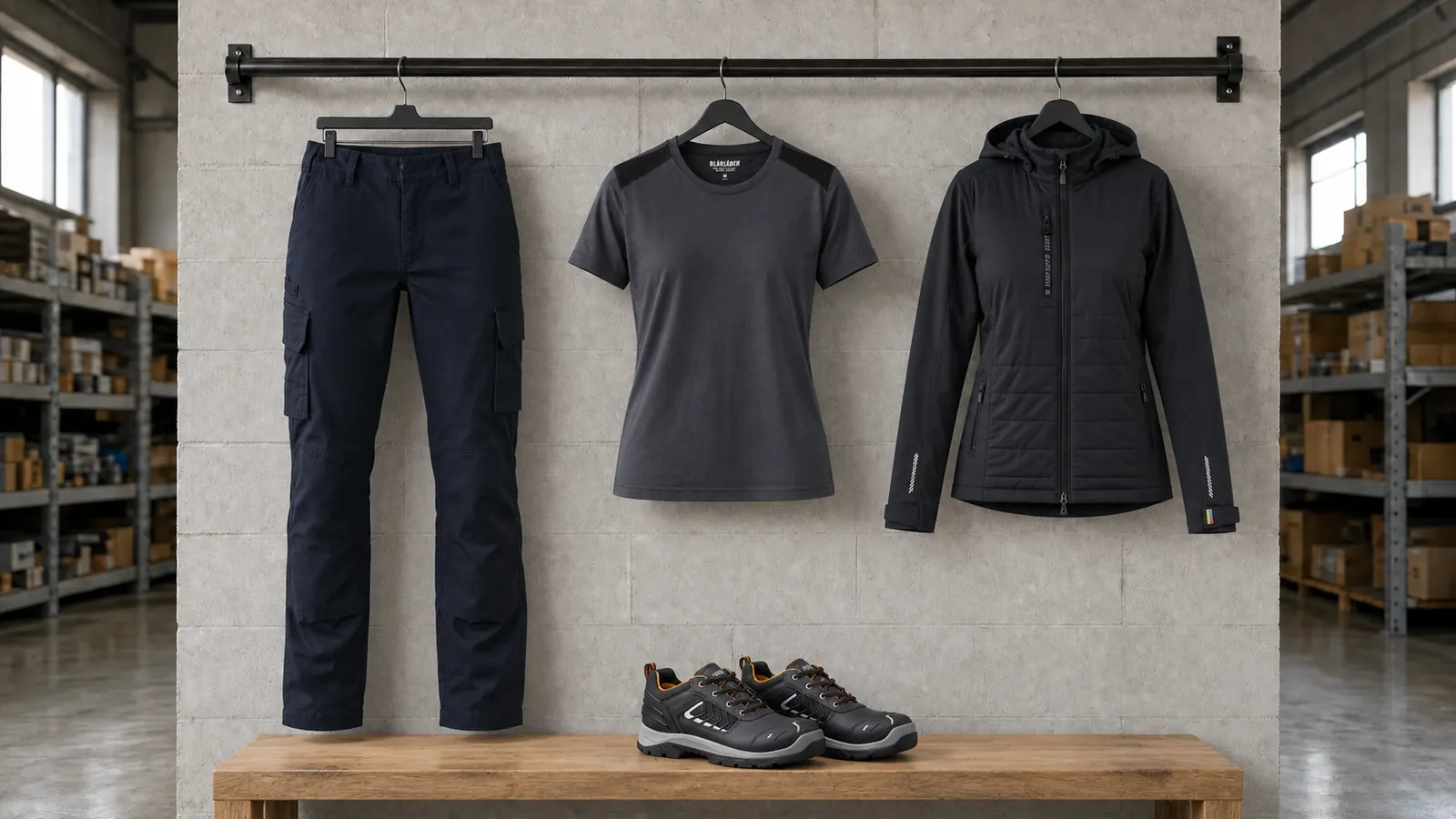 Damenausstattung: Damen Industrie Arbeitshose Stretch 7106, Damen T-Shirt 3479, Damen Hybrid Jacke 4733, ELITE Sicherheitsschuh S3S 2450.