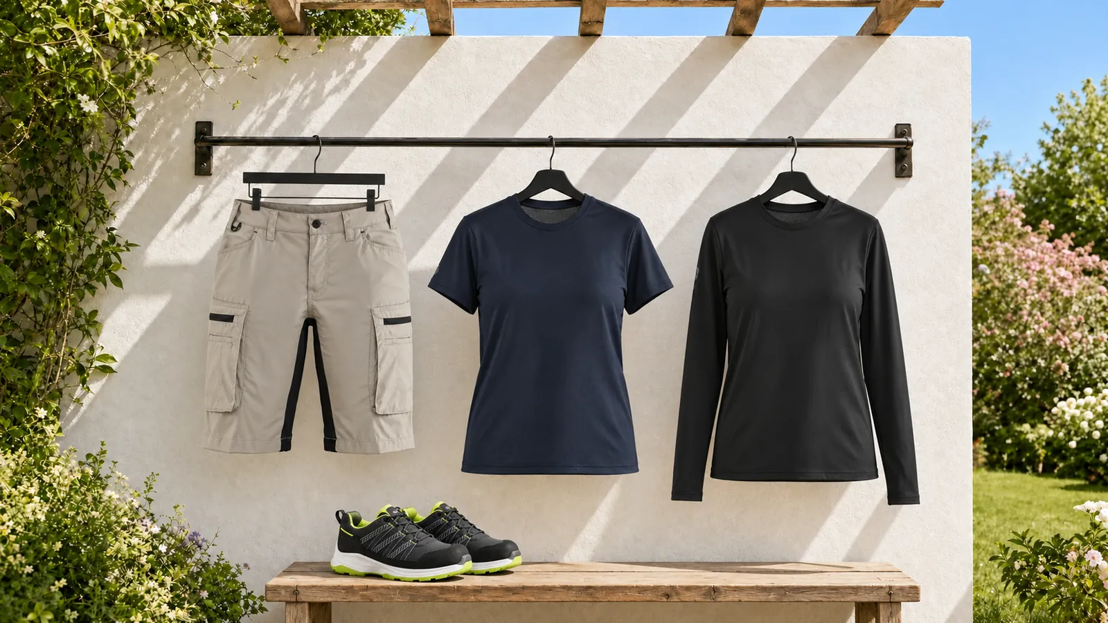 Damenausstattung: Damen Service Shorts Stretch 7149, Damen UV Funktions T-Shirt 3426, Damen UV Funktions Langarmshirt 3427, SPRINTER Sicherheitsschuh S1PS 2402.