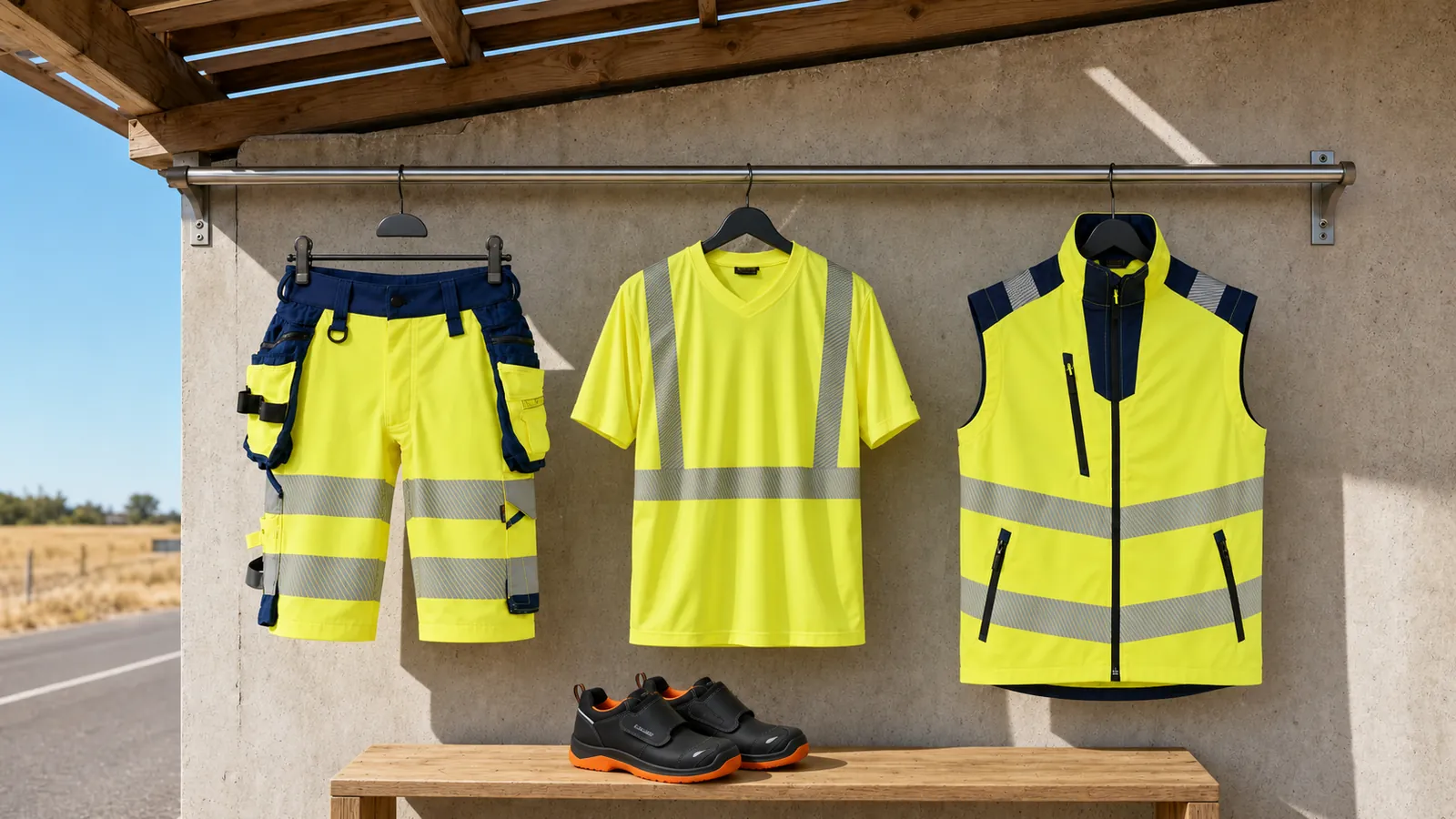 Herrenausstattung: High Vis Shorts 4-Wege-Stretch 1120, High Vis UV T-Shirt 3386, High Vis Weste 3085, ELITE Asphalt Sicherheitsschuh S2PL 2485.
