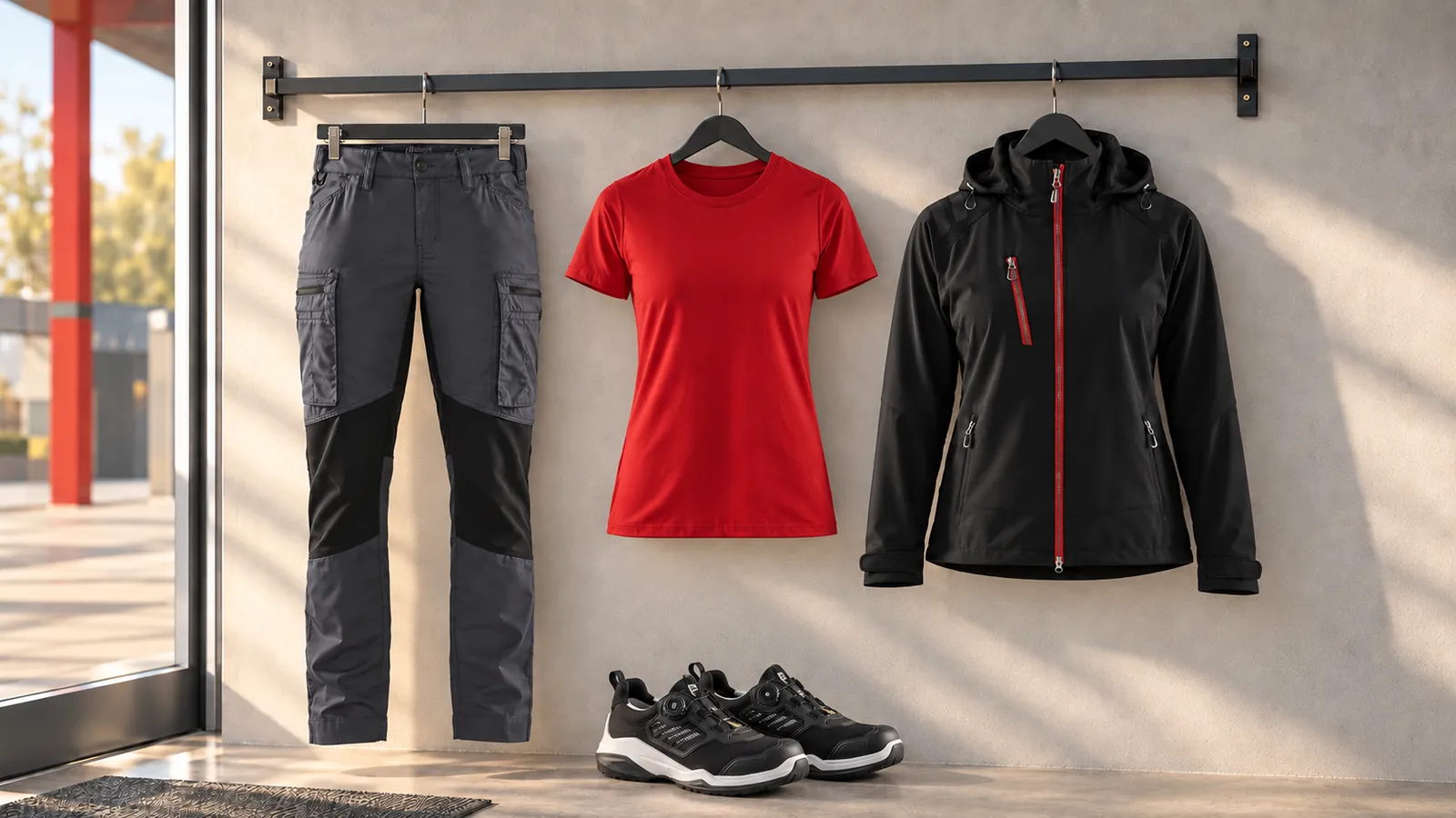 Damenausstattung: Damen Service Arbeitshose mit Stretch 7159, Damen T-Shirt 3334, Damen Softshell Jacke 4719, STRIKER Sicherheitsschuh S1PS 2487.