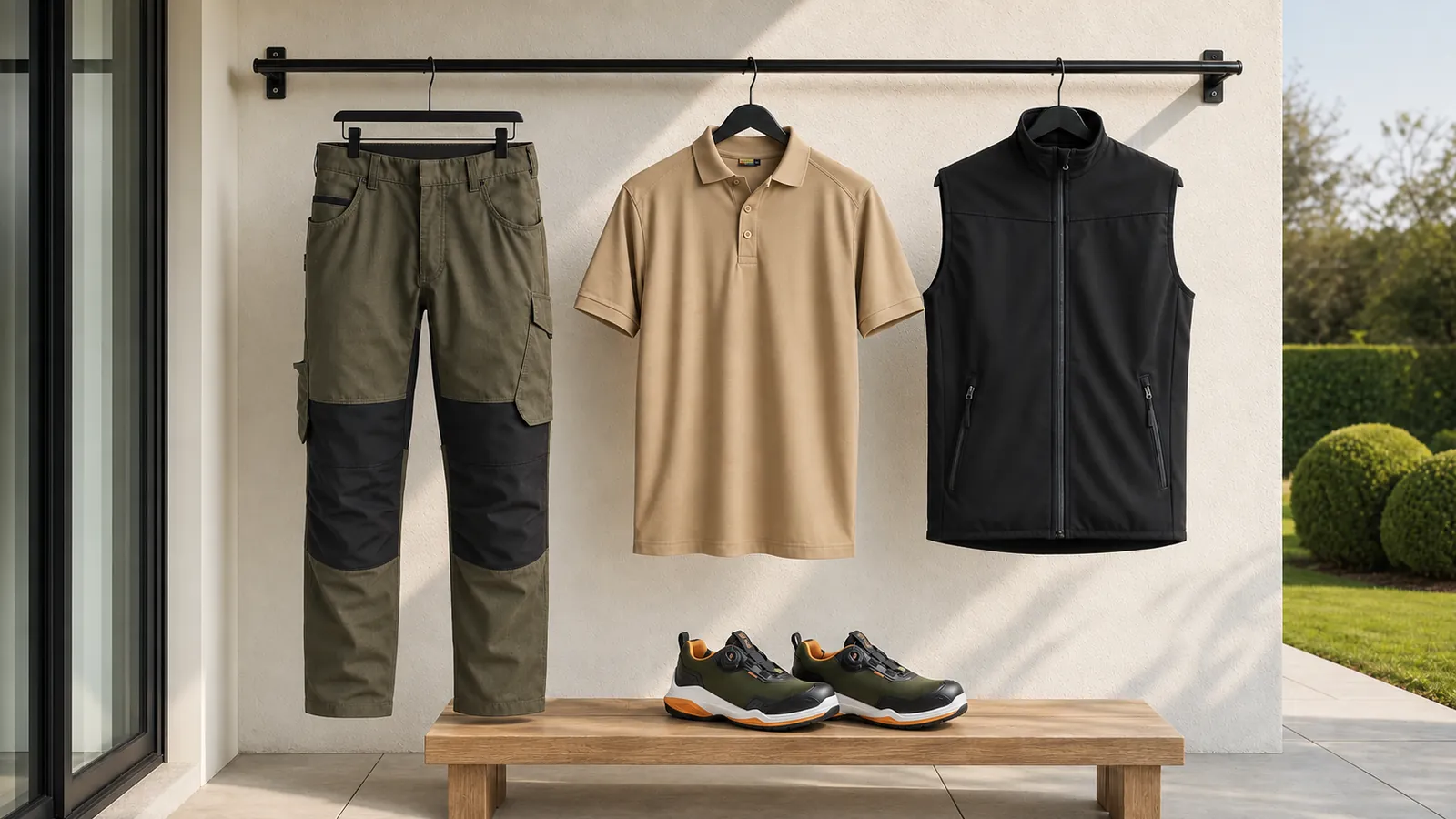Herrenausstattung: Service Arbeitshose mit Stretch 1495, Poloshirt 3324, Softshell Weste 3850, STRIKER Sicherheitsschuh S3S 2486.