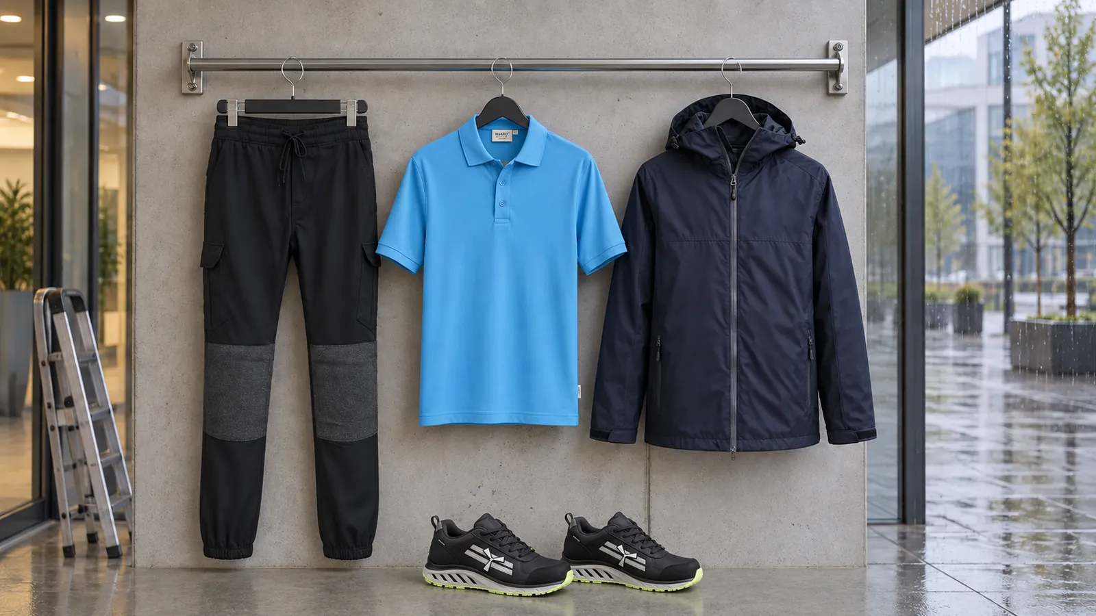 Herrenausstattung: KX3 Flexi Bundhose, Poloshirt MIKRALINAR®, Professional Regenjacke, X-Moon.