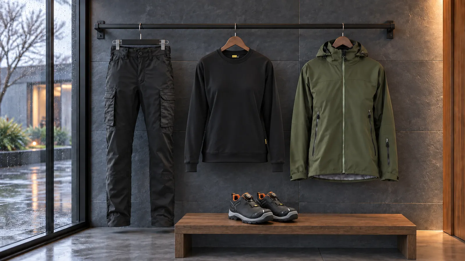 Damenausstattung: Damen Service Arbeitshose mit Stretch 7159, Damen Sweatshirt 3405, STRIKER Damen Shell Jacke Stretch 4708, ELITE Sicherheitsschuh S7S Wasserdicht 2454.