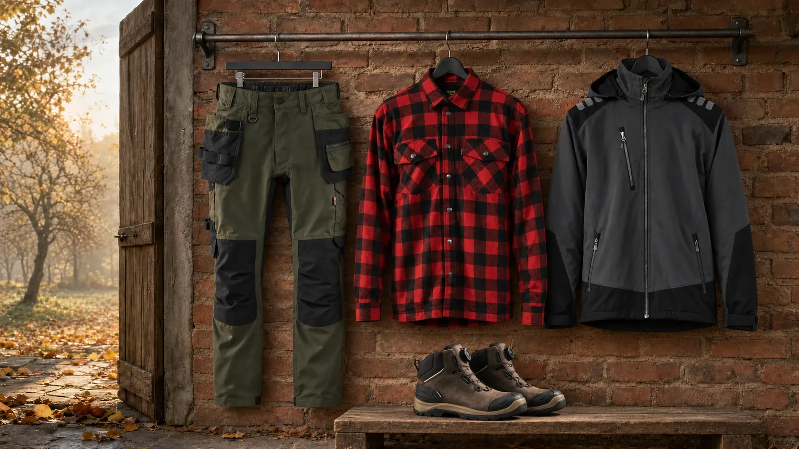 Herrenausstattung: Handwerker Arbeitshose mit Stretch 1750, Flanellhemd Gefüttert 3225, Softshell Winterjacke 4750, ELITE Sicherheitsstiefel S7S Wasserdicht 2455.