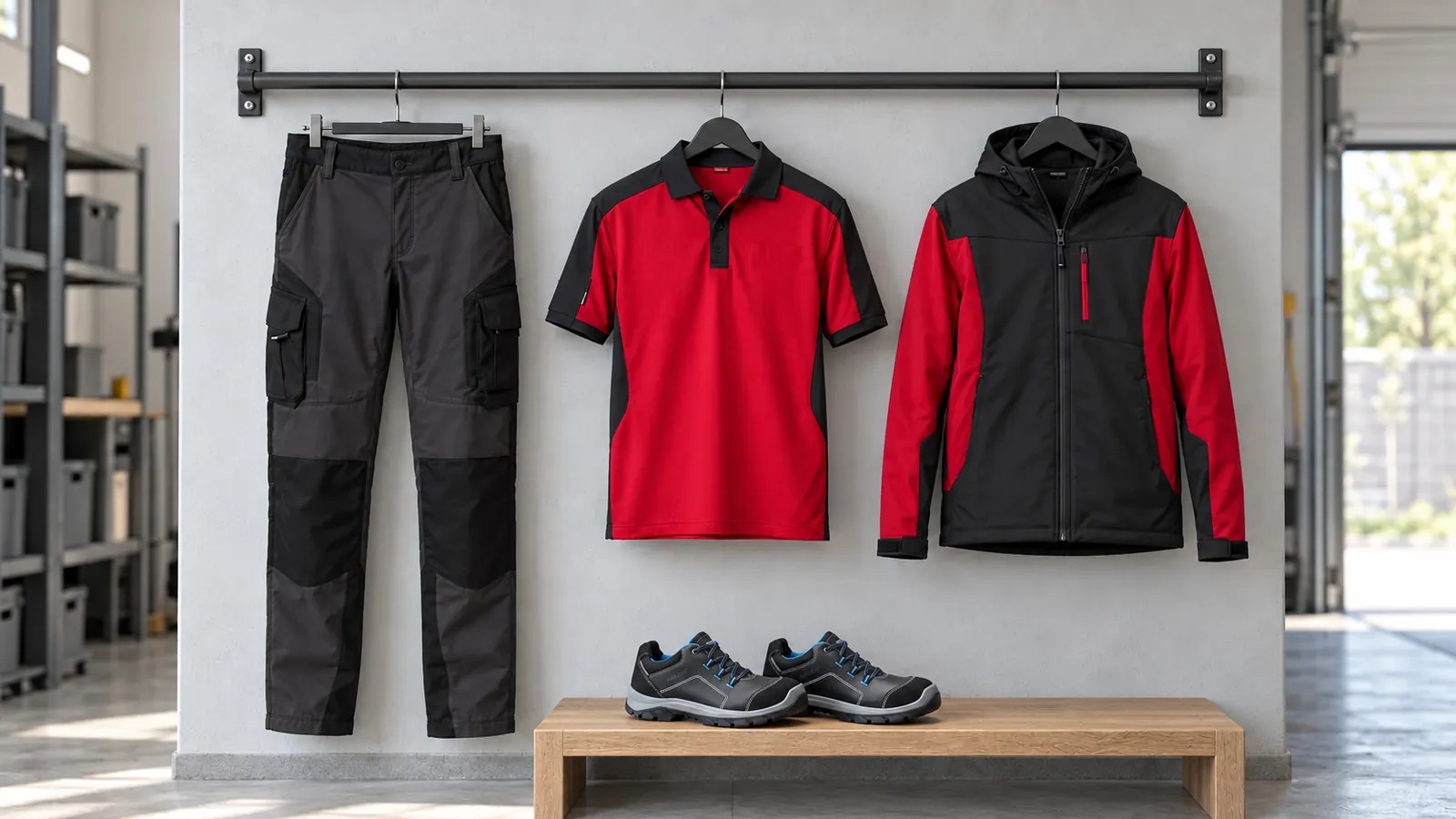 Herrenausstattung: Florian — Arbeitshose, Konrad — Poloshirt, Jannik — Softshelljacke, RETRO Sicherheitsschuh S3 2433.