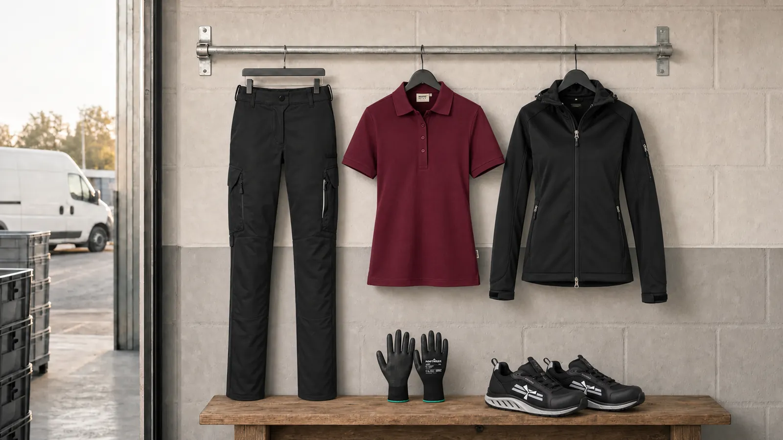 Damenausstattung: Damen Worker-Performancehose ECO, Damen Poloshirt MIKRALINAR®, Damen Softshelljacke, PU-Beschichteter-Handschuh, X-Mercury.