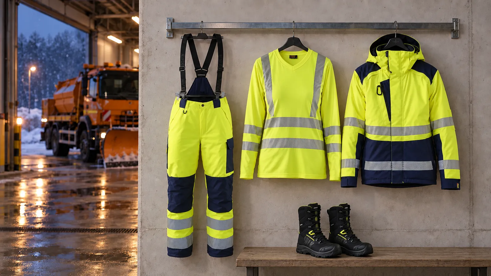 Damenausstattung: Damen High Vis Winter Arbeitshose 7885, Damen High Vis UV Langarmshirt 3485, Damen High Vis Winterjacke 4456, STORM Winterstiefel S7S Wasserdicht 2490.