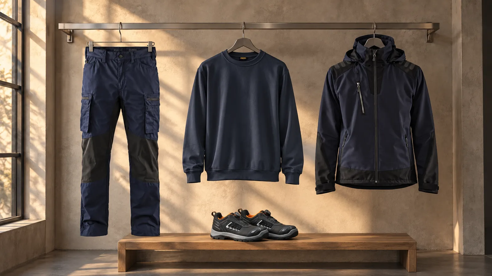 Herrenausstattung: Service Arbeitshose Stretch 1459, Sweatshirt 3340, Softshell Jacke 4749, ELITE Sicherheitsschuh S3 2451.