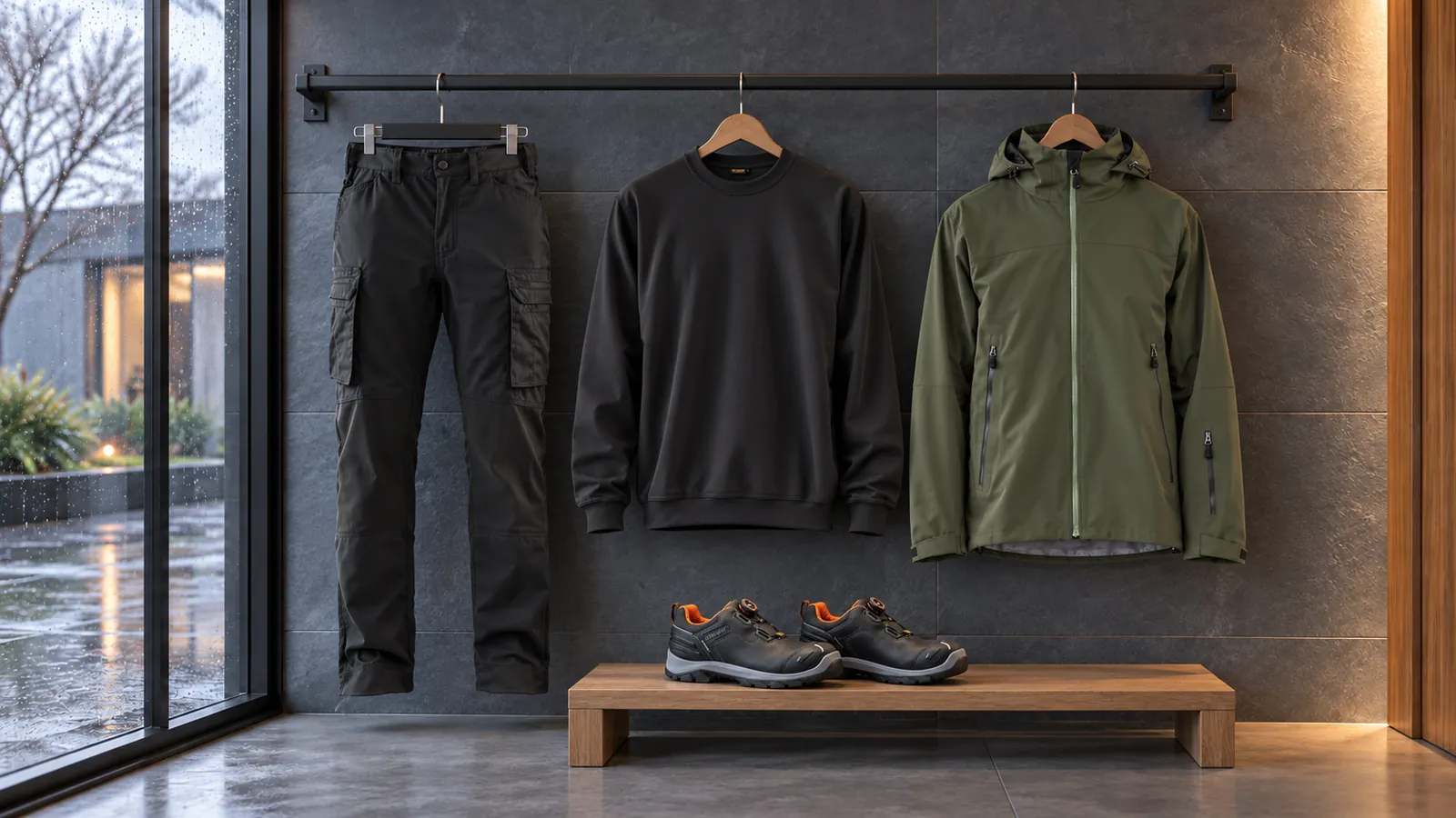 Herrenausstattung: Service Arbeitshose Stretch 1459, Sweatshirt 3340, STRIKER Shell Jacke Stretch 4980, ELITE Sicherheitsschuh S7S Wasserdicht 2454.