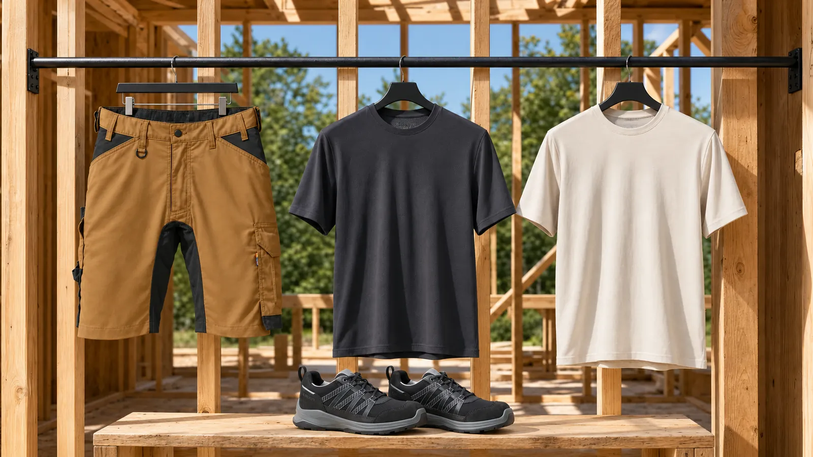 Herrenausstattung: Handwerker Shorts mit Stretch 1753, UV Funktions T-Shirt 3415, T-Shirt 3525, SPRINTER Sicherheitsschuh S1PS 2402.