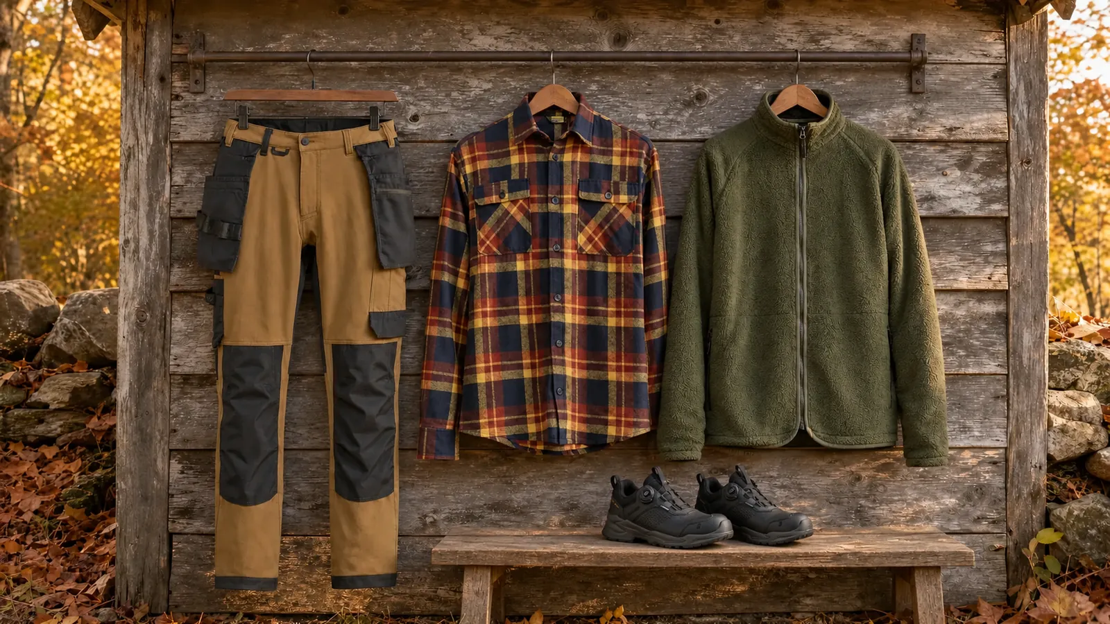 Herrenausstattung: Handwerker Arbeitshose 4-Wege-Stretch 1720, Flanellhemd 3288, Pile Jacke 4729, EPIC Sicherheitsschuh Wasserdicht S7S 2293.