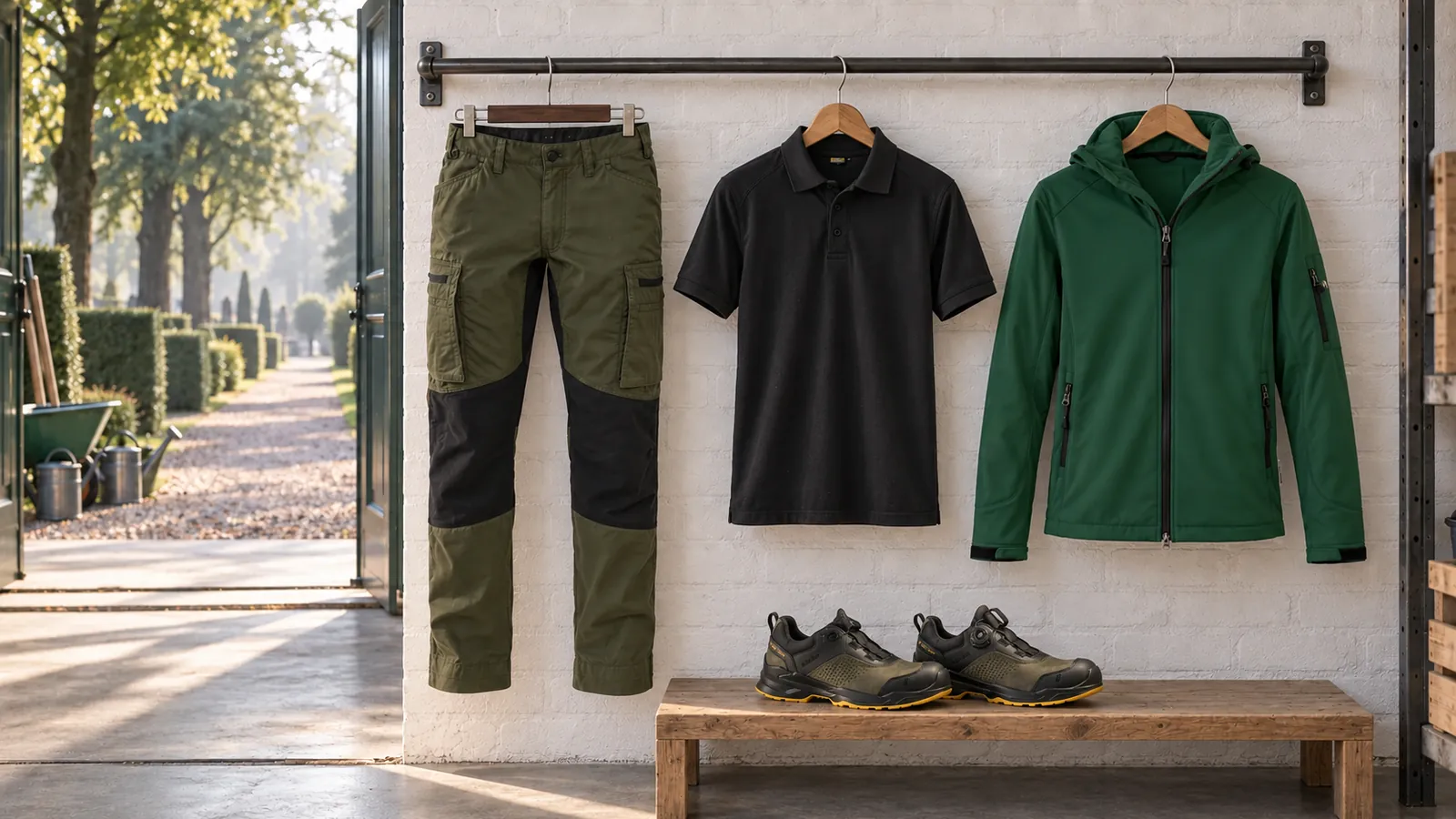 Herrenausstattung: Service Arbeitshose Stretch 1459, Poloshirt 3324, Softshelljacke, EPIC Sicherheitsschuh S3S 2295.