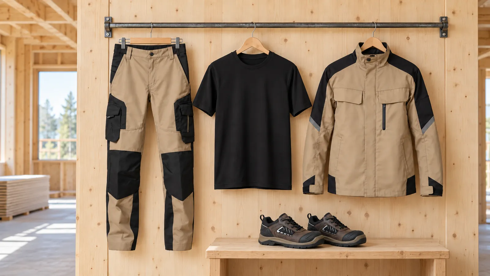 Herrenausstattung: Florian — Arbeitshose, Konstantin — T-Shirt, Frank — Arbeitsjacke, ELITE Sicherheitsschuh S3S 2450.
