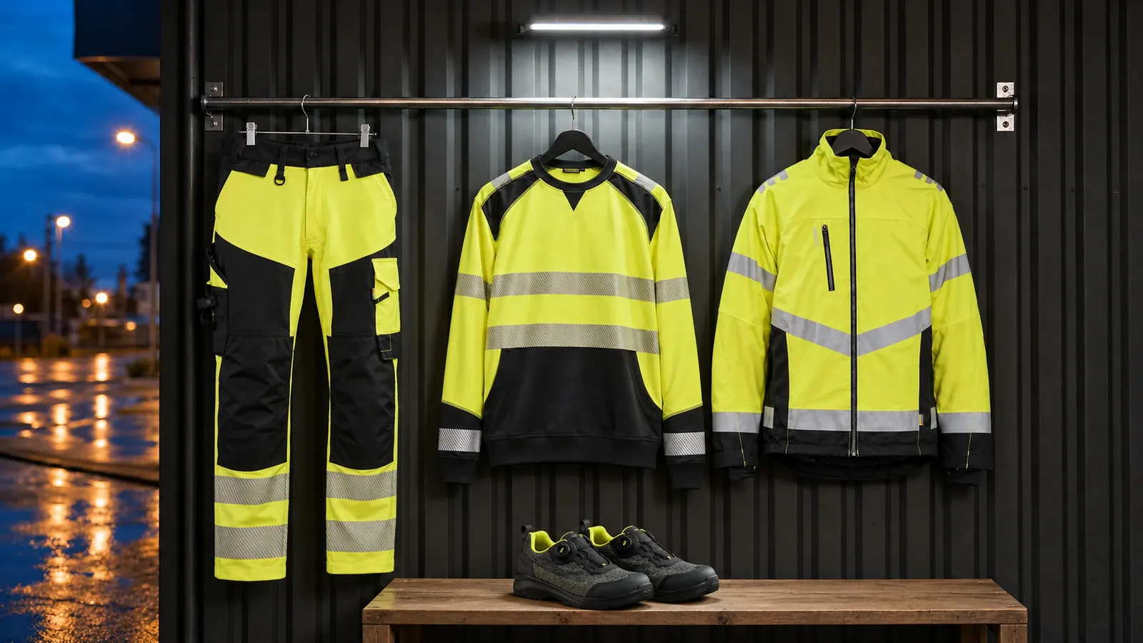 Herrenausstattung: High Vis Arbeitshose 4-Wege-Stretch 1124, High Vis Sweatshirt 3541, High Vis Winterjacke 4780, CRADLE Sicherheitsschuh S3L 2438.