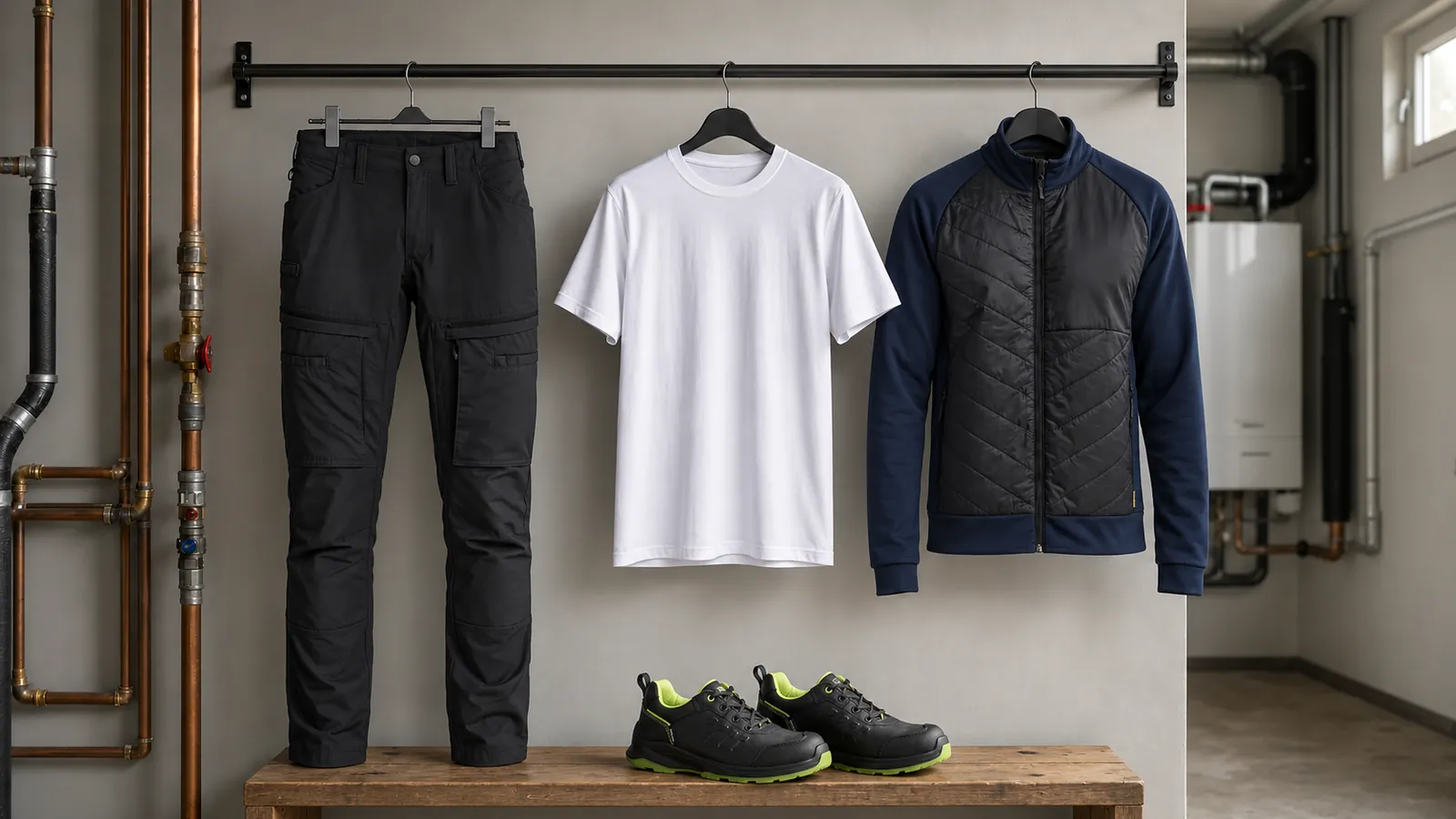 Herrenausstattung: Service Arbeitshose mit Stretch 1456, Industrie T-Shirt Pro 3535, Hybrid Sweater 3418, SPRINTER Sicherheitsschuh S3S 2412.