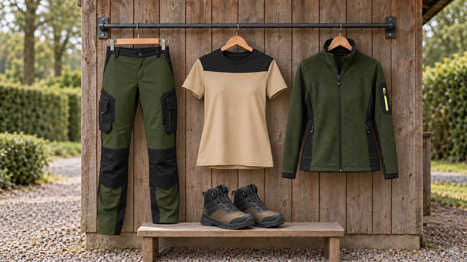 Damenausstattung: Annette — Arbeitshose Damen, Kira — T-Shirt, Marieke — Fleecejacke, EPIC Sicherheitsstiefel S3S 2296.