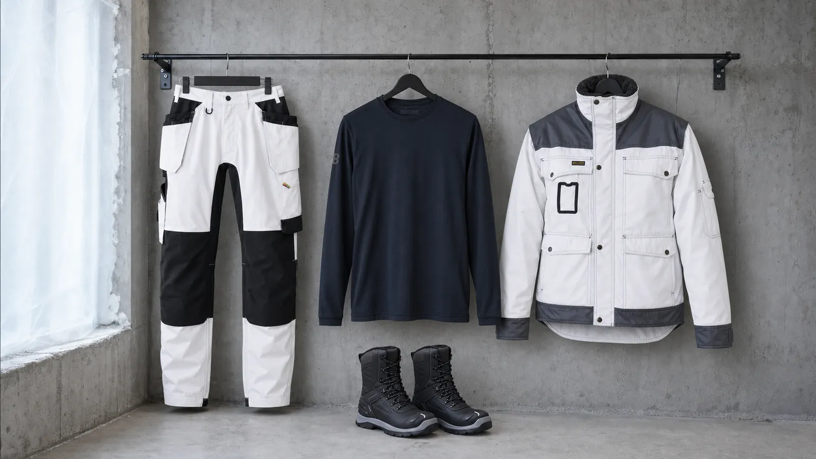Herrenausstattung: Malerhose Stretch 1770, Merino Langarmshirt 3538, Maler Jacke 4865, ELITE Winterstiefel S3 Wasserdicht 2456.