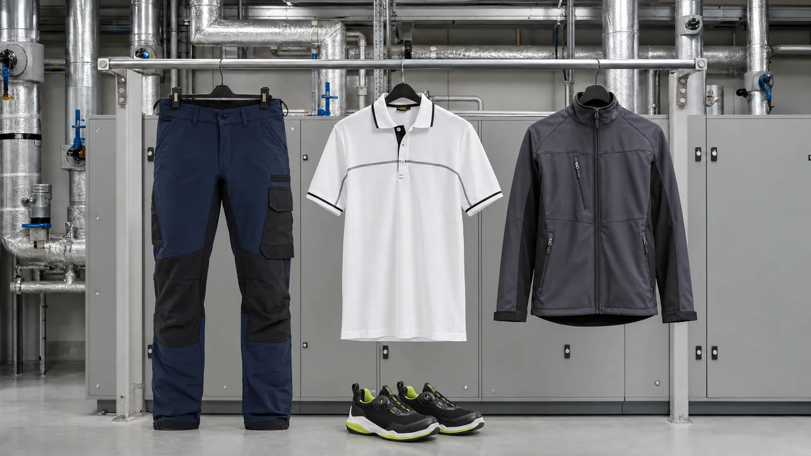 Herrenausstattung: Service Arbeitshose 4-Wege-Stretch 1422, Poloshirt 3389, Softshell Jacke 4950, STRIKER Sicherheitsschuh S3S 2486.