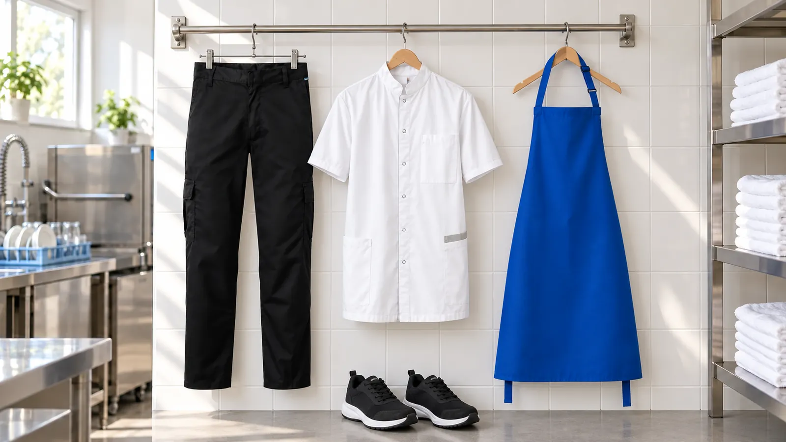 Herrenausstattung: Leichte Combat Bundhose, Herrenkittel aus Baumwollpolyester mit Druckknöpfen, Latzschürze Basic mit Tasche und Schnalle, PILOT Herren Arbeitsschuh O1 2424.