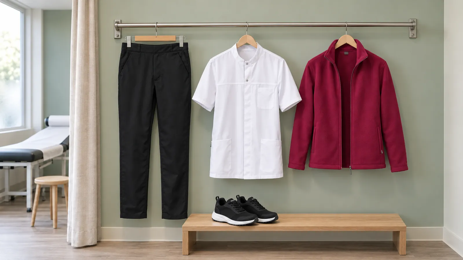 Herrenausstattung: Herren-Schlupfhose 12/6260, Herren-Kasack 12/1346, Herren-Fleecejacke 12/2665, PILOT Herren Arbeitsschuh O1 2424.