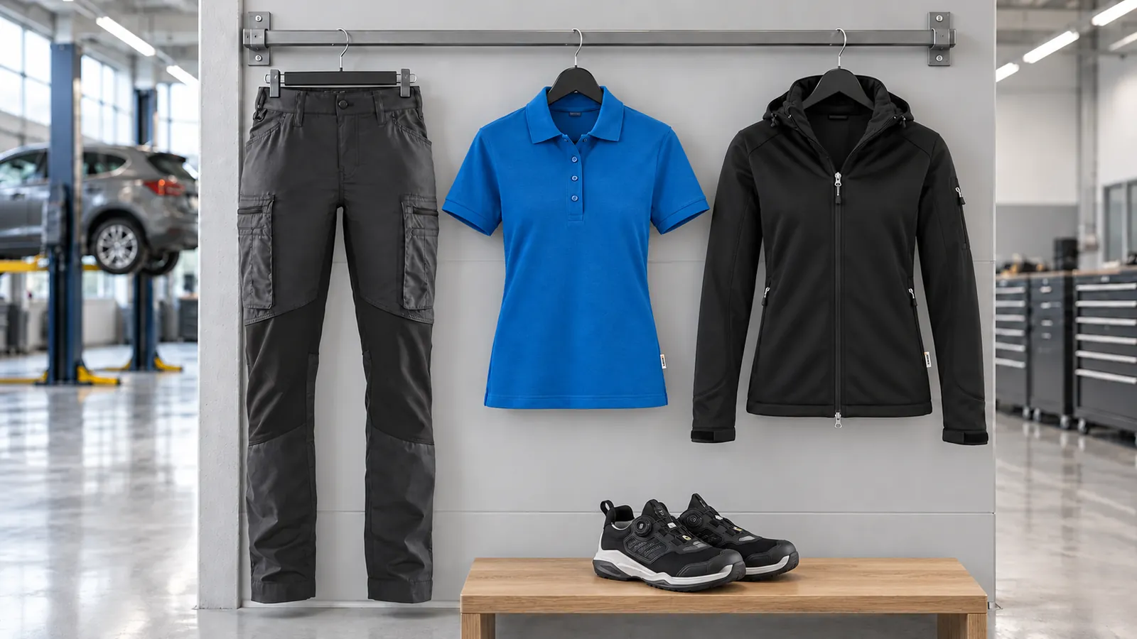 Damenausstattung: Damen Service Arbeitshose mit Stretch 7159, Damen Poloshirt MIKRALINAR®, Damen Softshelljacke, STRIKER Sicherheitsschuh S1PS 2487.